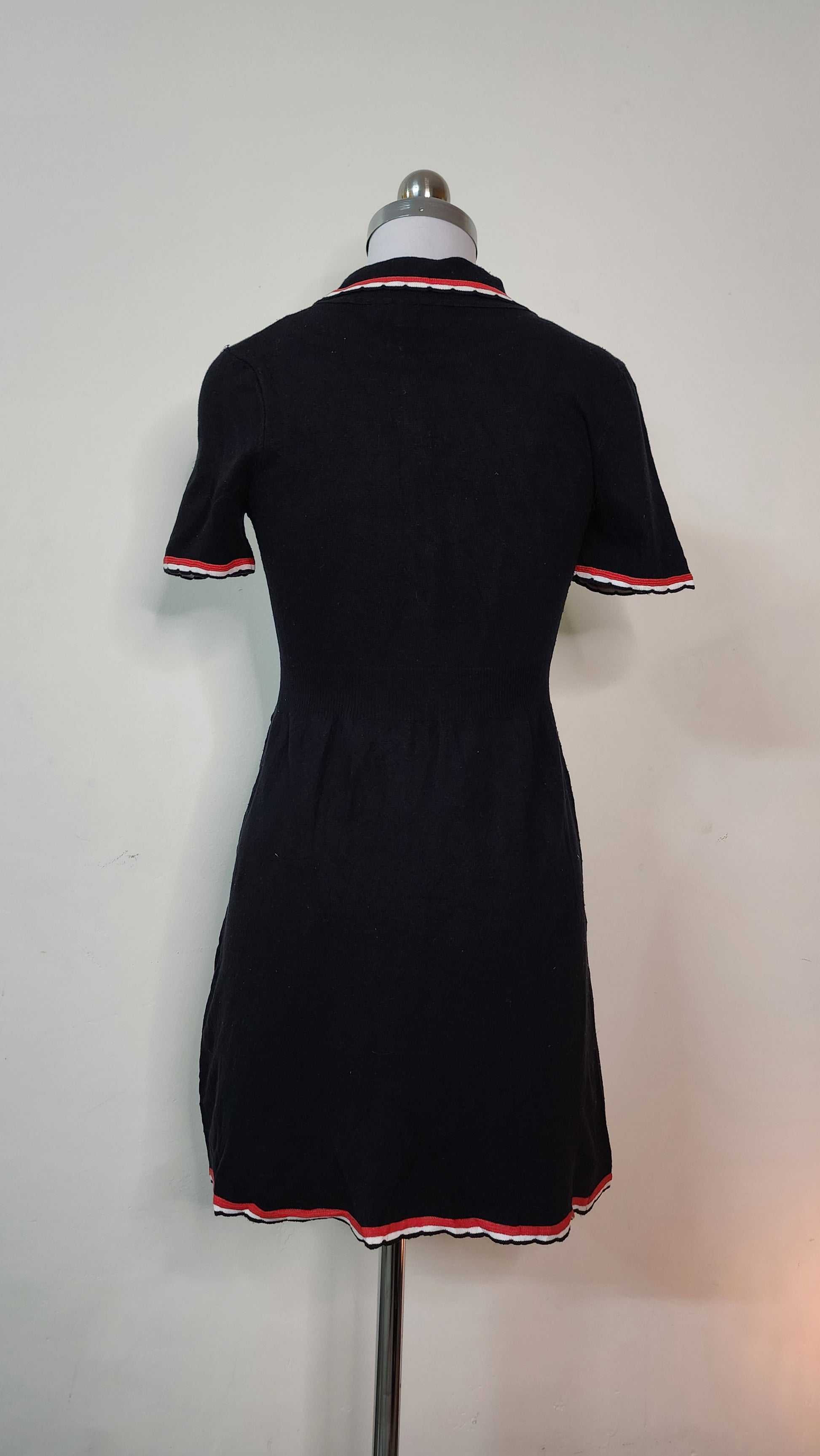 Classic Black Knit Mini Dress - Red & White Trim Polo Style