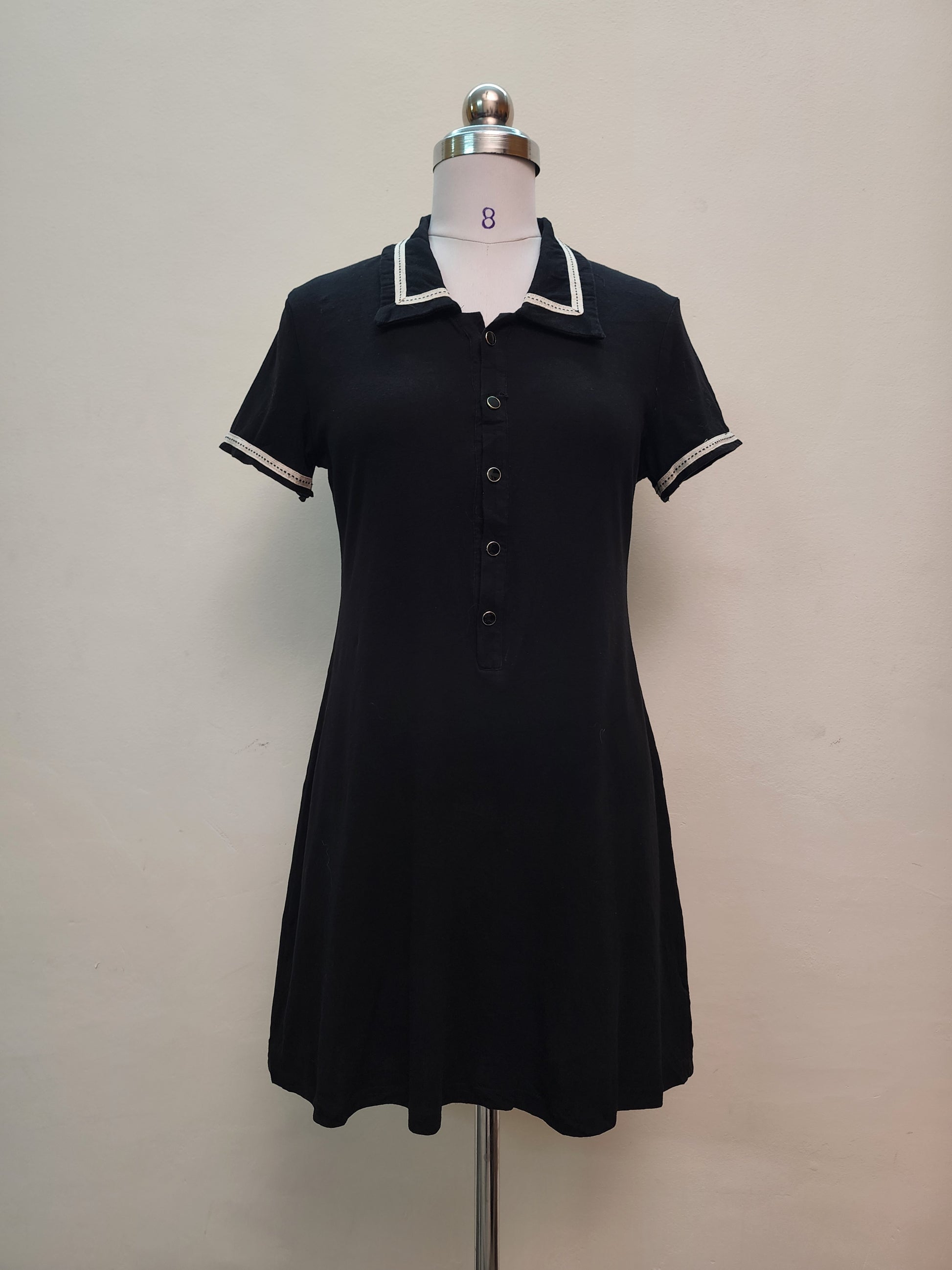 Classic Black Polo Mini Dress - Short Sleeve Collared Button-Front Dress