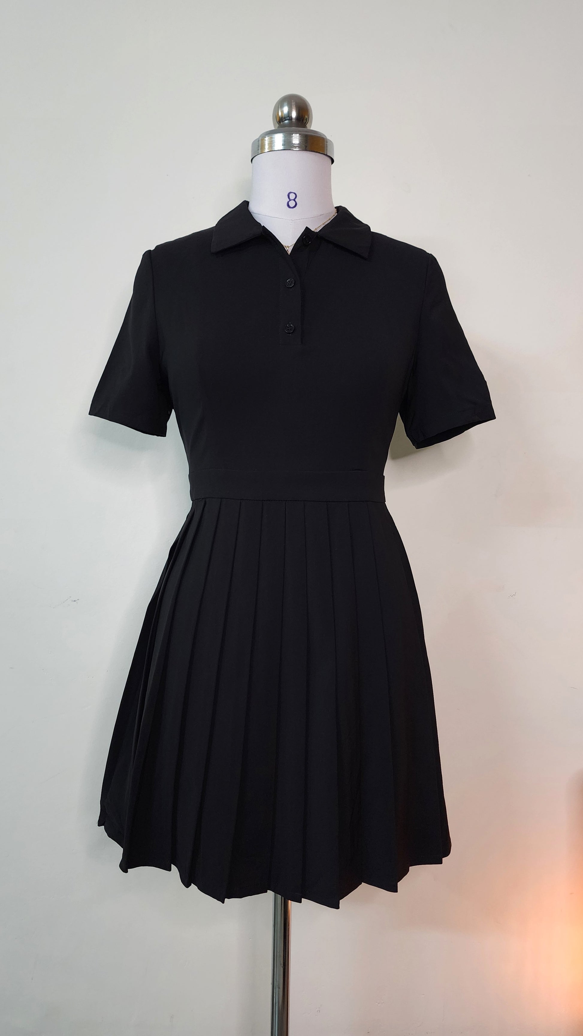 Classic Black Polo Mini Dress - Short Sleeve Pleated Skirt