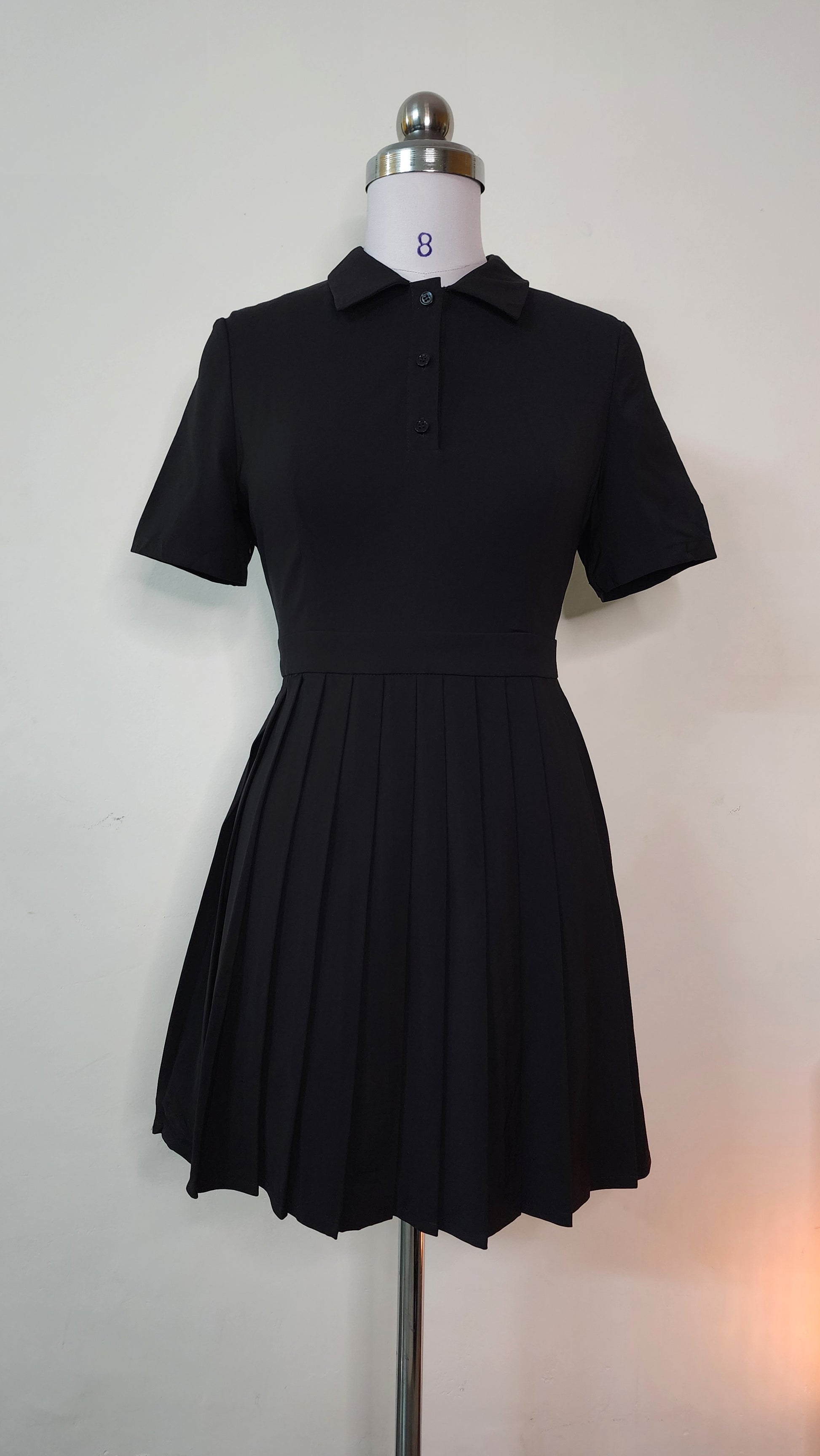 Classic Black Polo Mini Dress - Short Sleeve Pleated Skirt