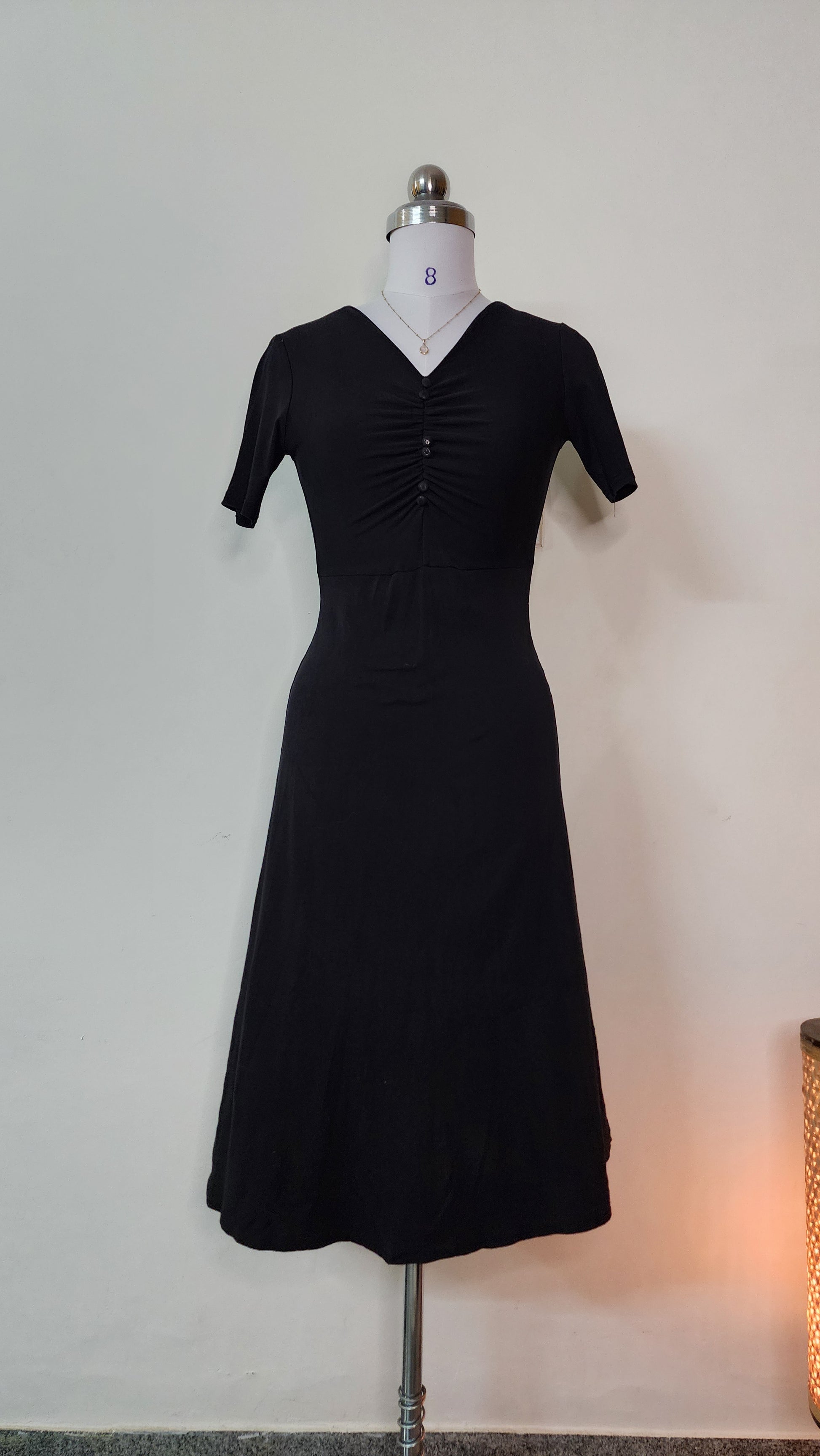 Classic Black V-Neck Midi Dress - Short Sleeve Ruched Bodice