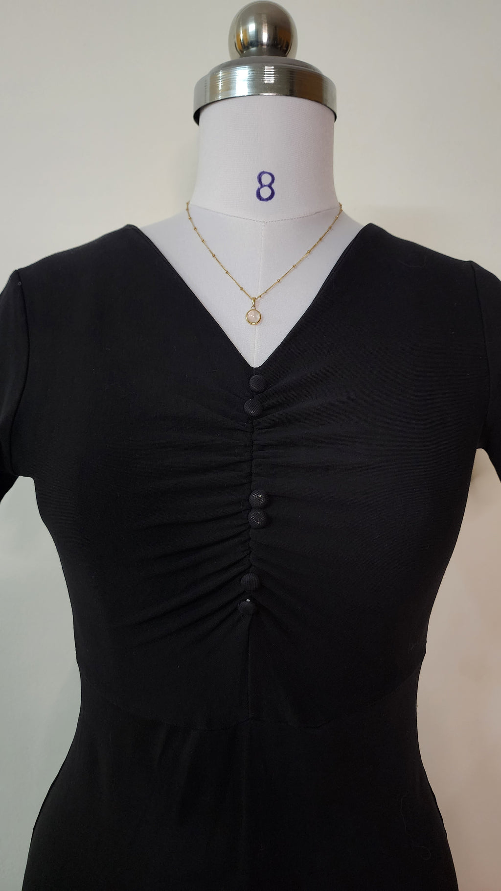 Classic Black V-Neck Midi Dress - Short Sleeve Ruched Bodice