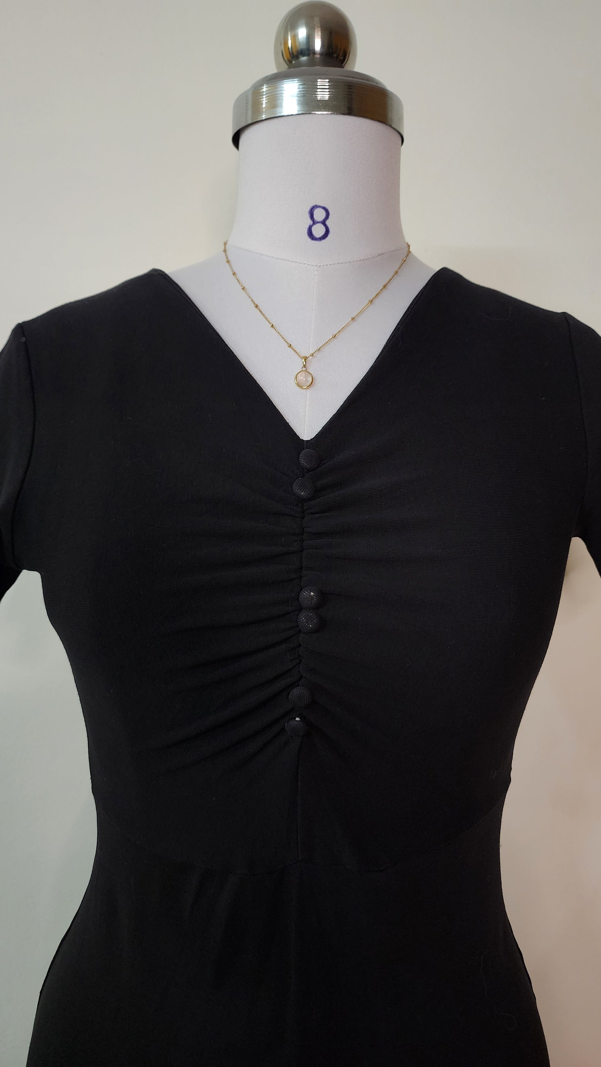 Classic Black V-Neck Midi Dress - Short Sleeve Ruched Bodice