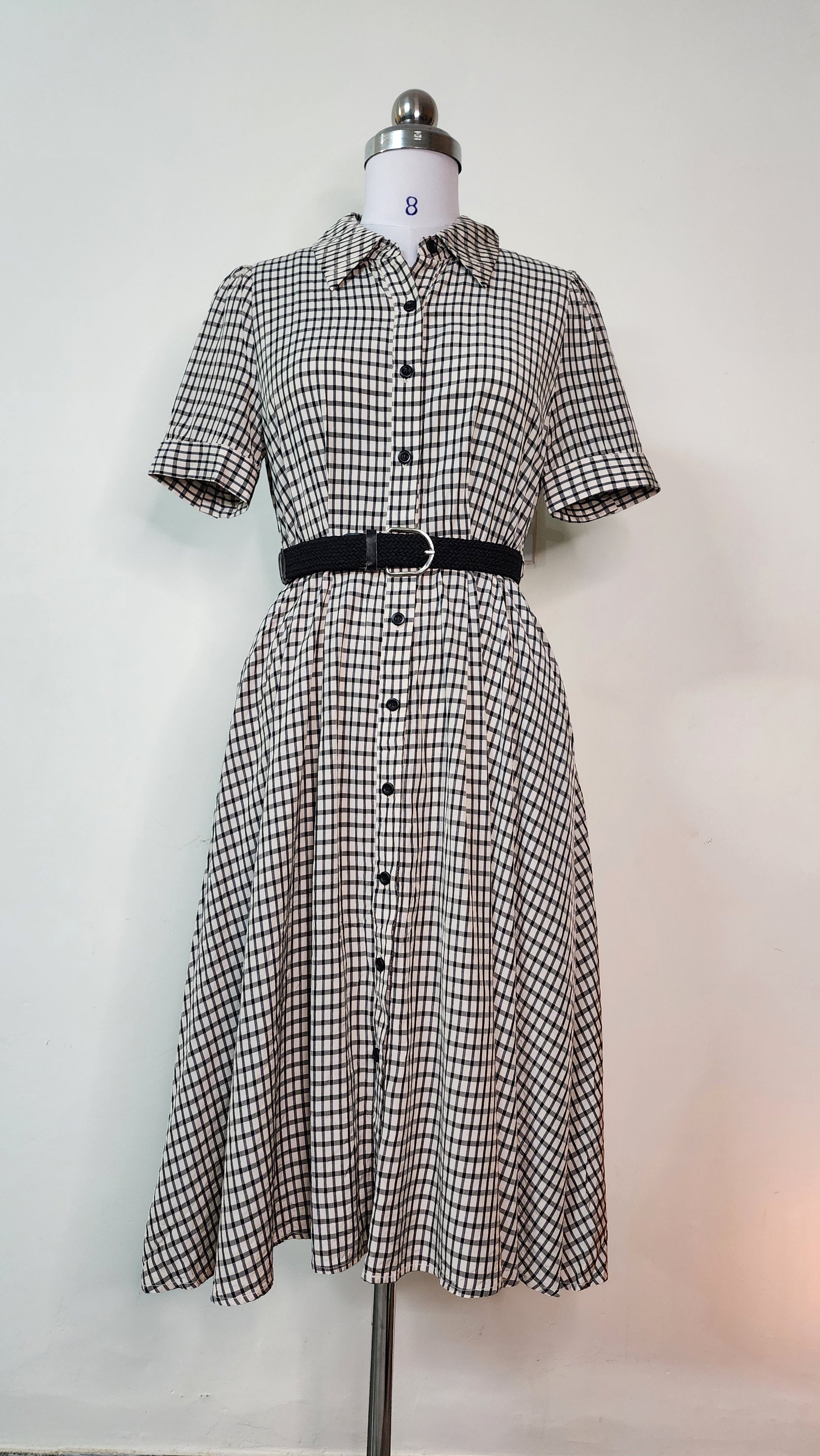 Classic Checkered Shirt Dress - Short Sleeve Button-Front Midi Dress without belt