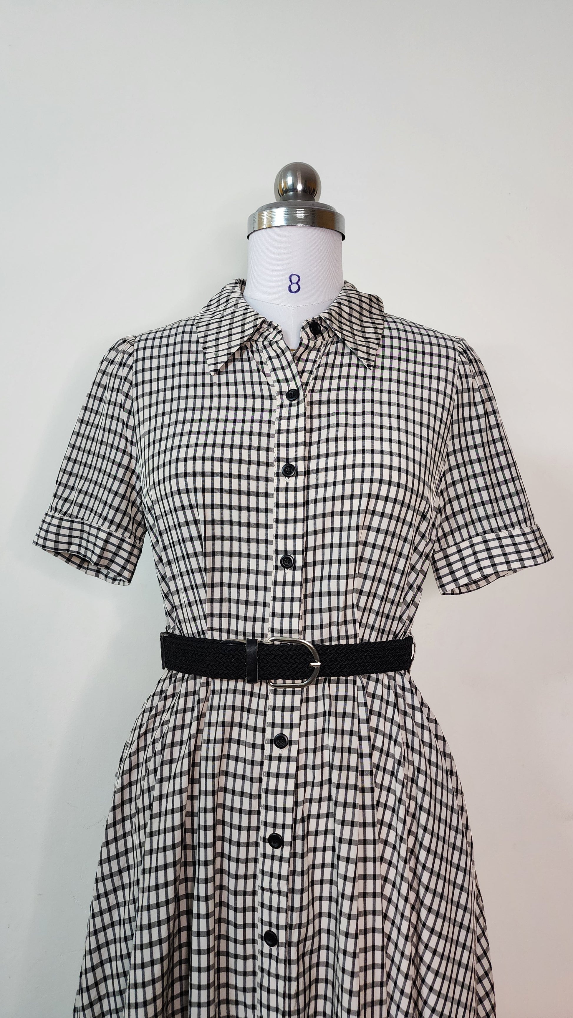Classic Checkered Shirt Dress - Short Sleeve Button-Front Midi Dress without belt