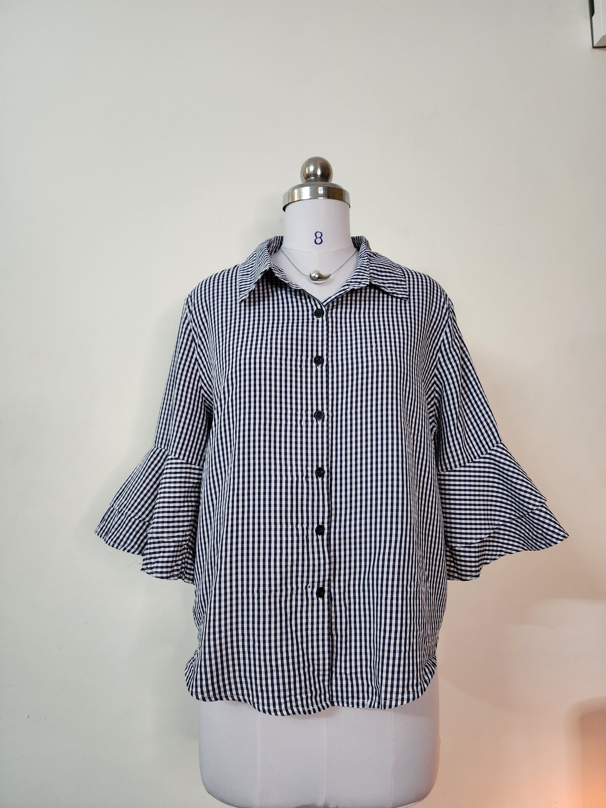 Classic Gingham Bell Sleeve Blouse - Black & White Checkered Button-Down Top