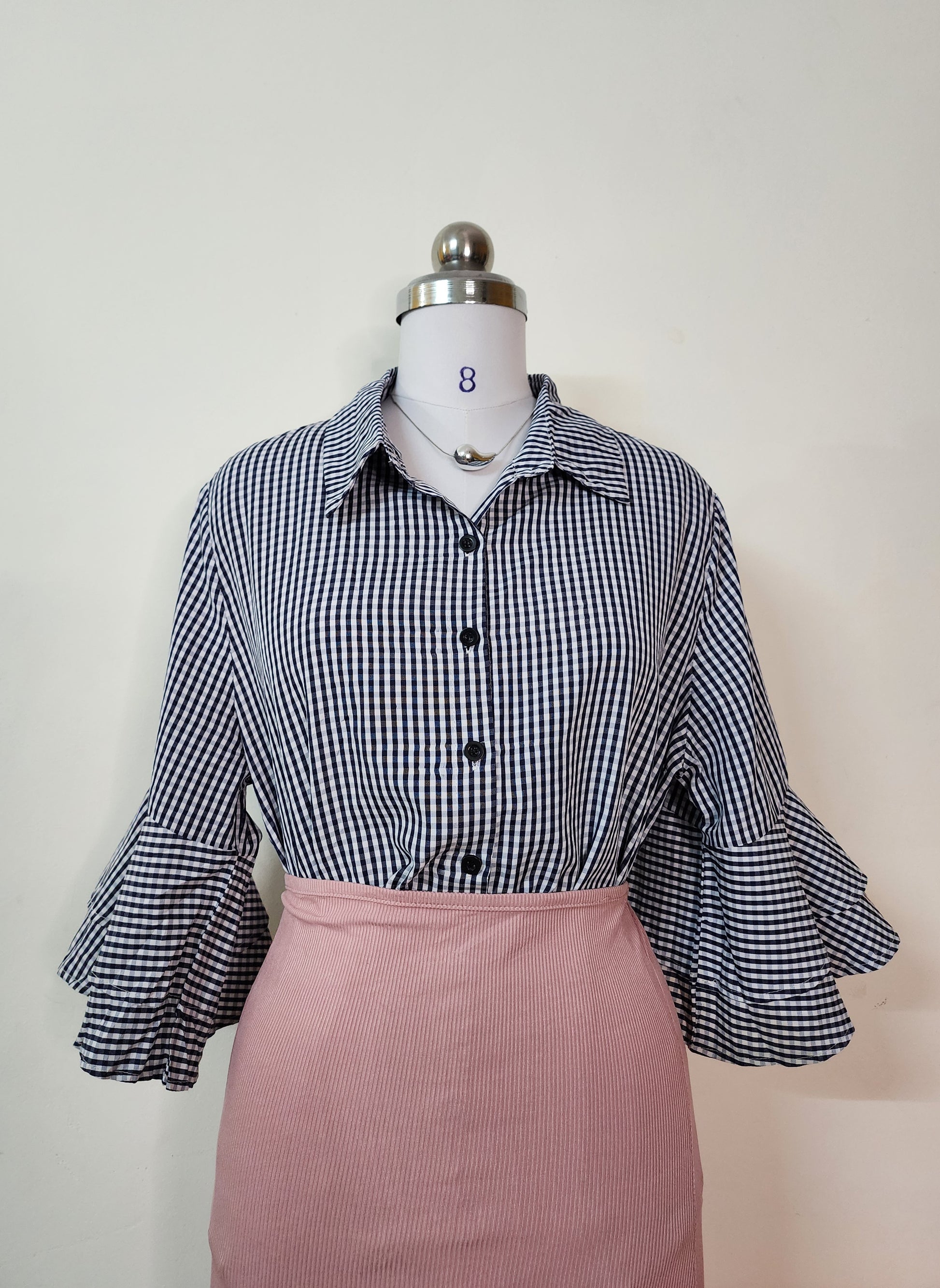Classic Gingham Bell Sleeve Blouse - Black & White Checkered Button-Down Top