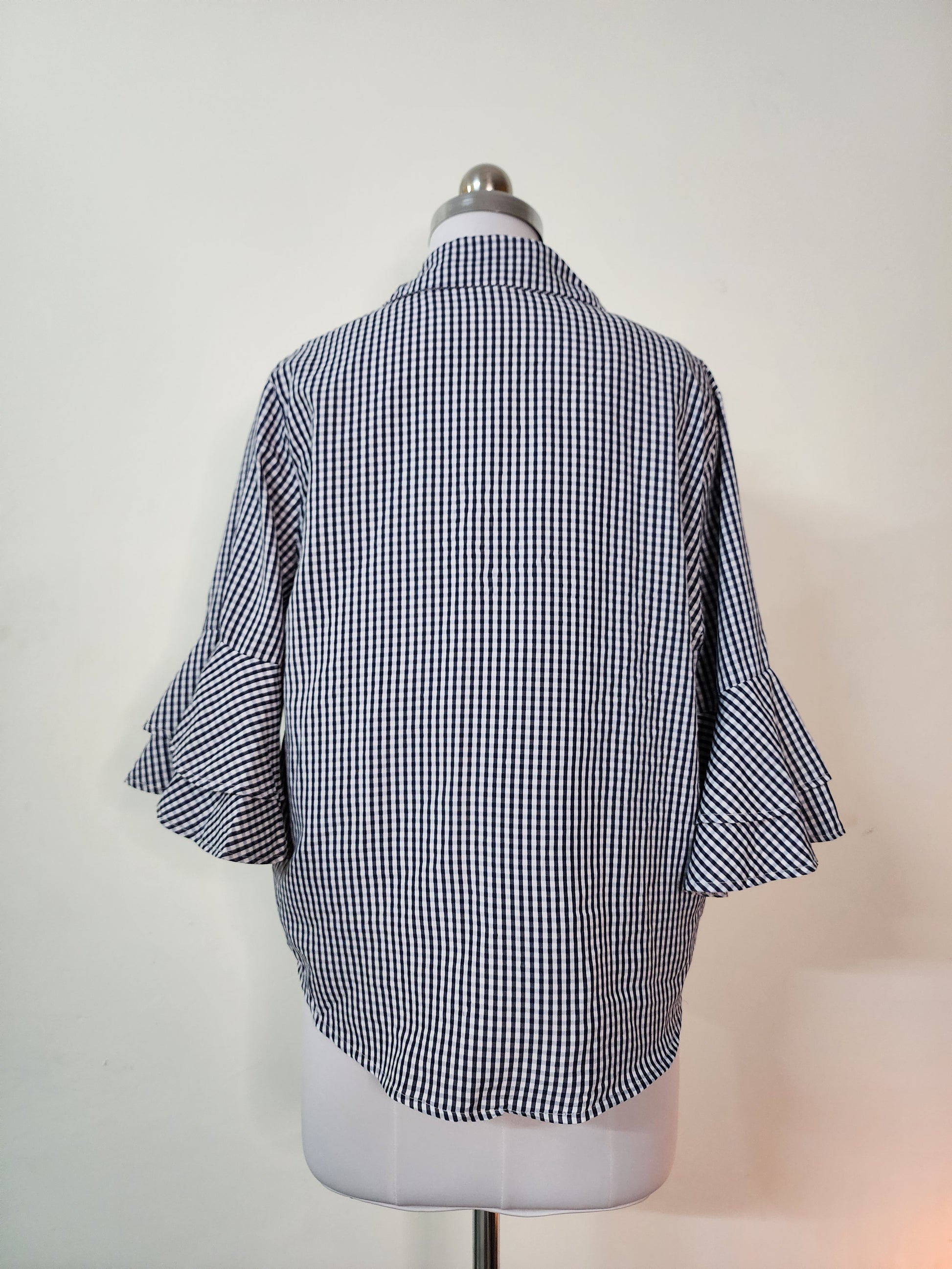 Classic Gingham Bell Sleeve Blouse - Black & White Checkered Button-Down Top