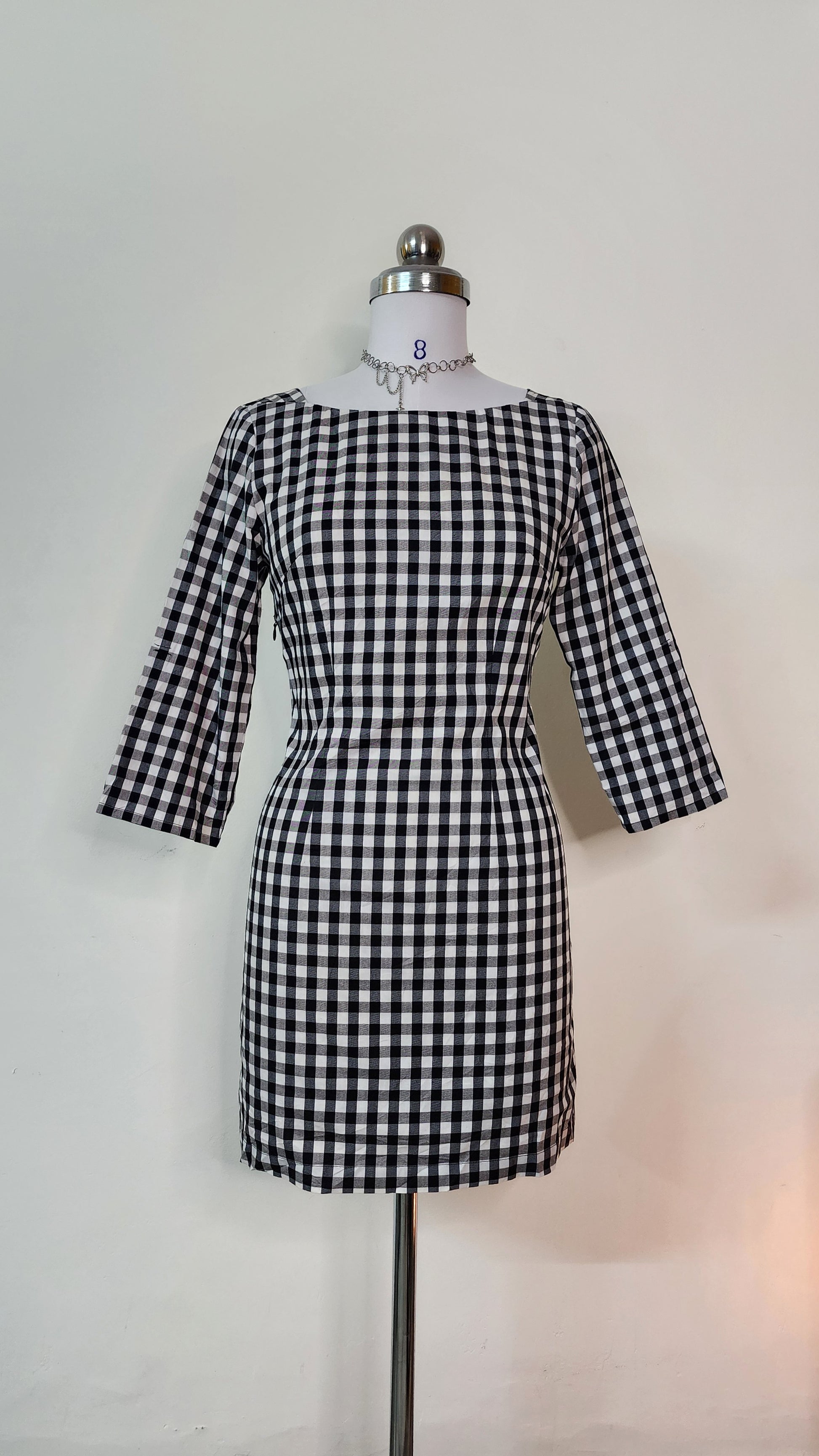 Classic Gingham Mini Dress - Black & White Checkered 3/4 Sleeve