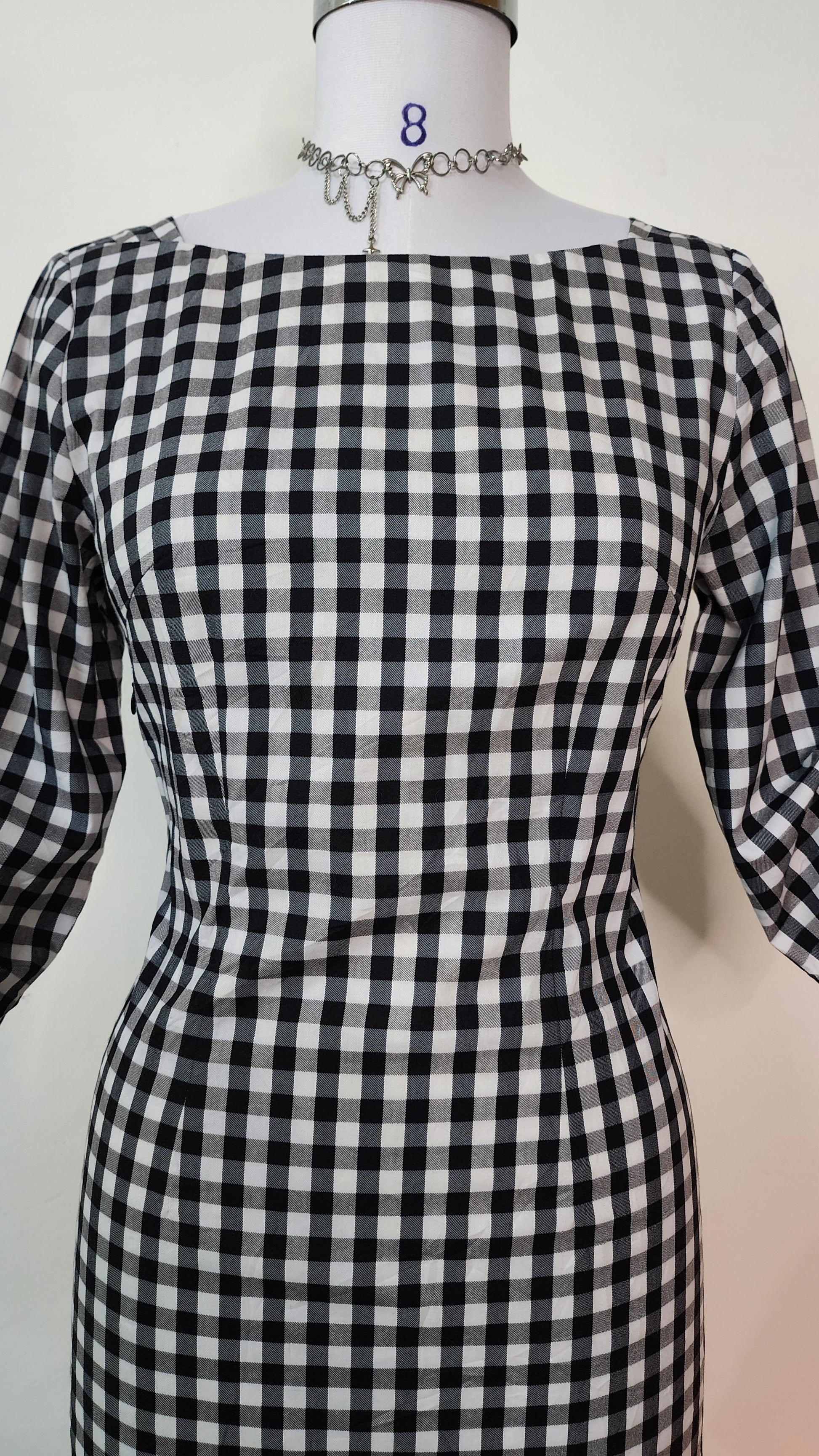 Classic Gingham Mini Dress - Black & White Checkered 3/4 Sleeve