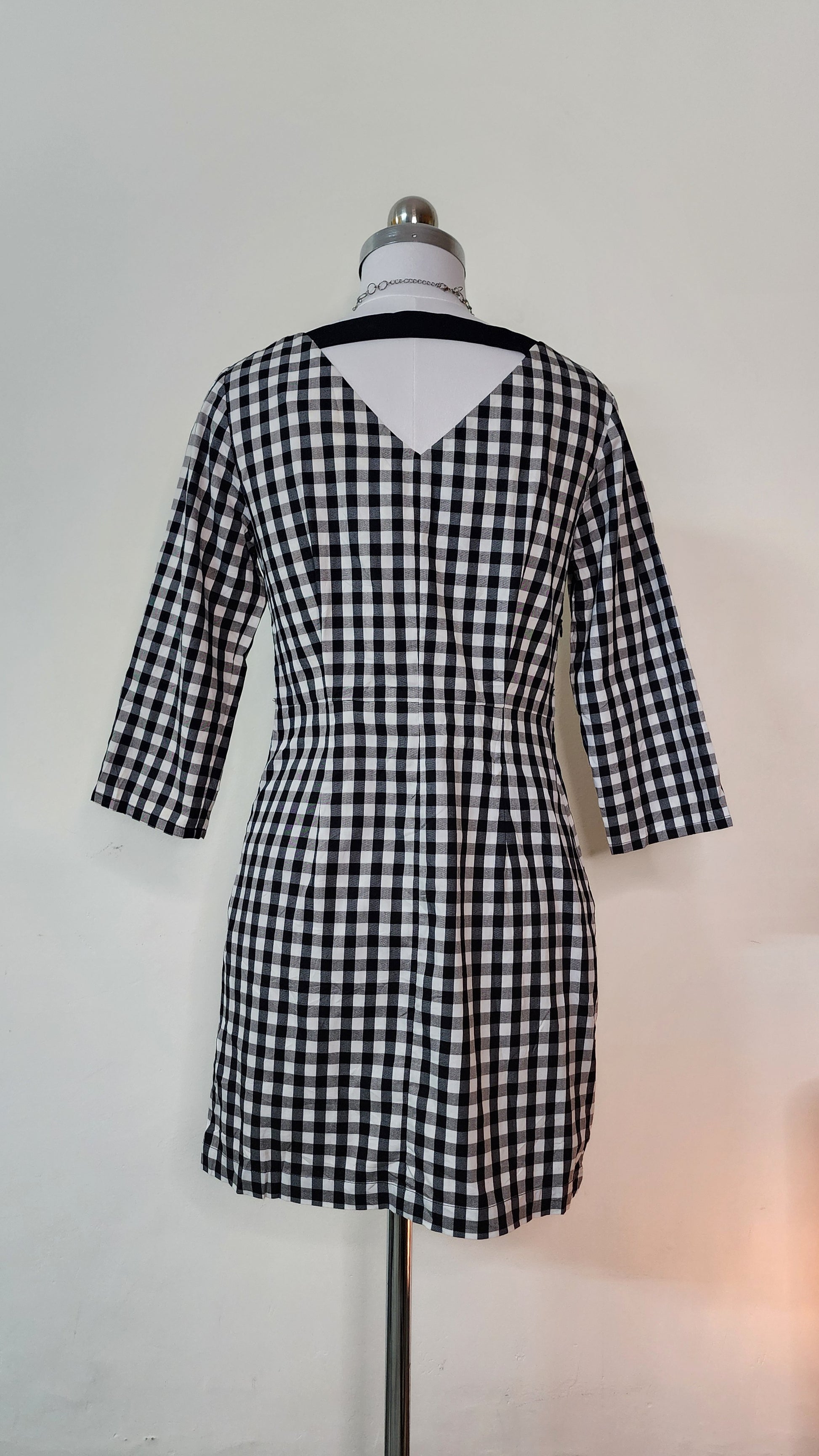 Classic Gingham Mini Dress - Black & White Checkered 3/4 Sleeve