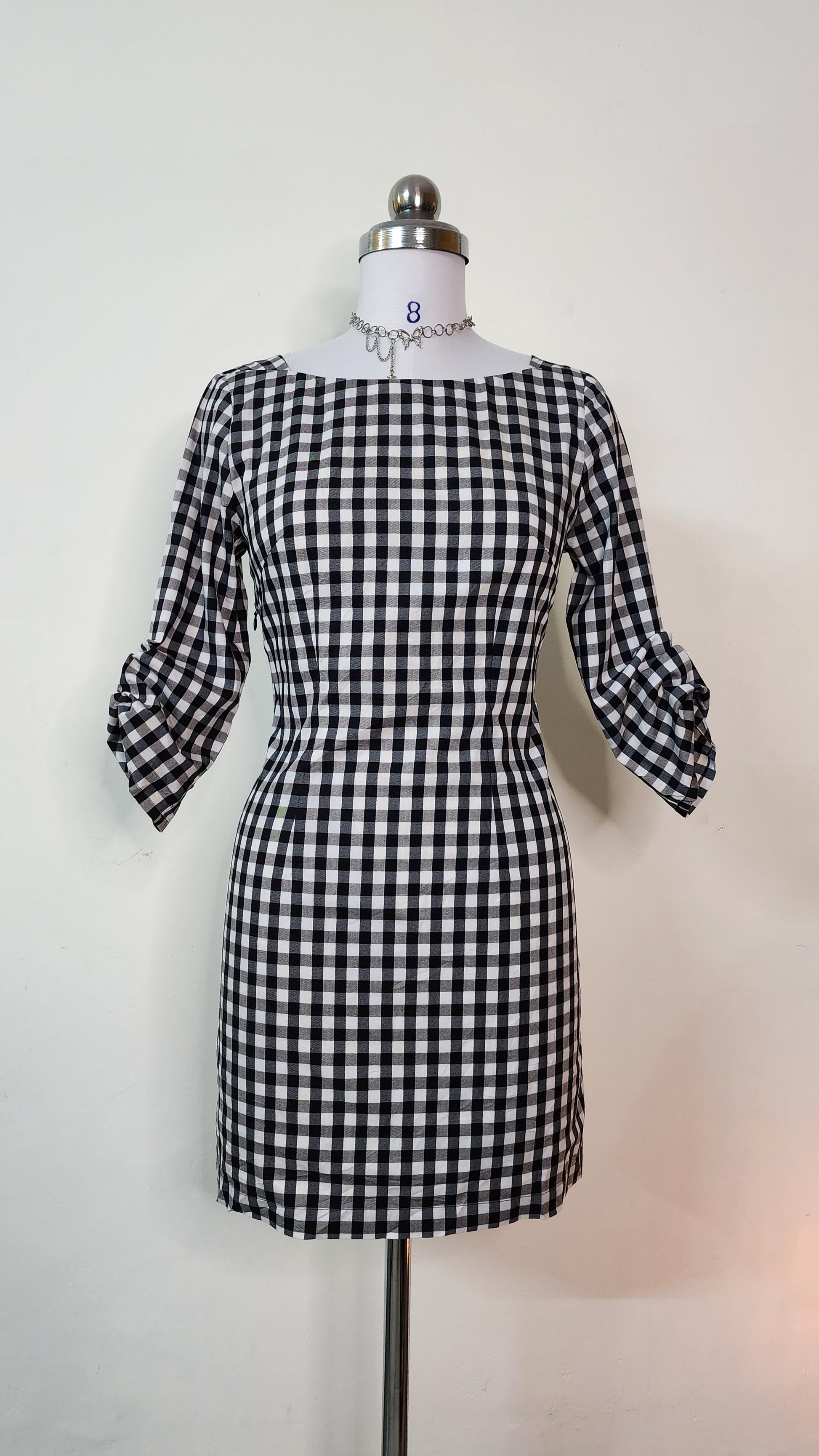 Classic Gingham Mini Dress - Black & White Checkered 3/4 Sleeve