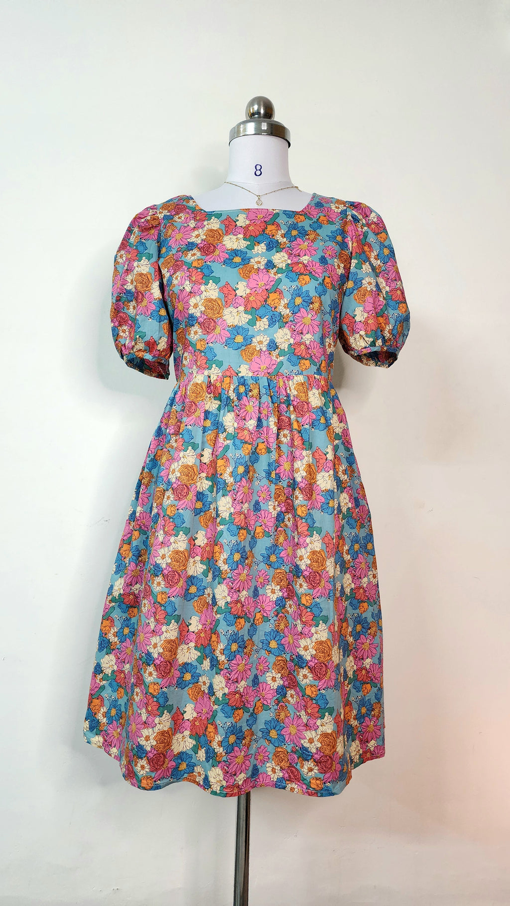 Colorful Floral Midi Dress - Puff Sleeve Square Neck Dress