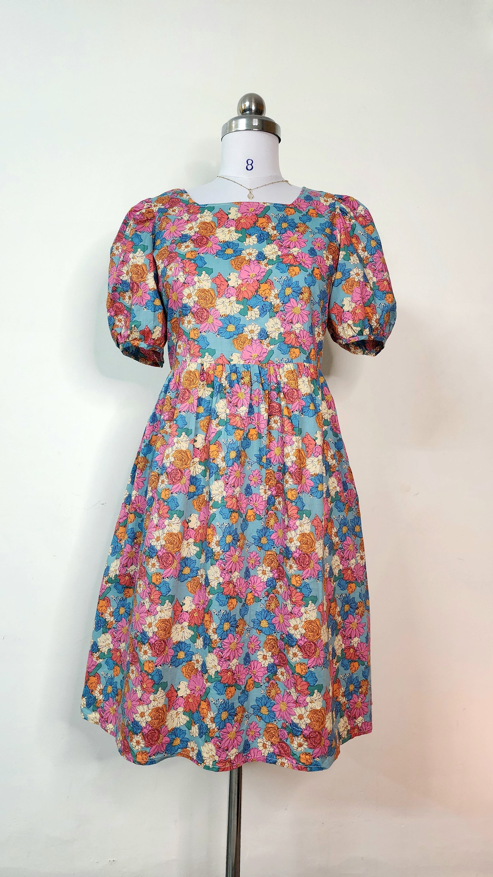 Colorful Floral Midi Dress - Puff Sleeve Square Neck Dress