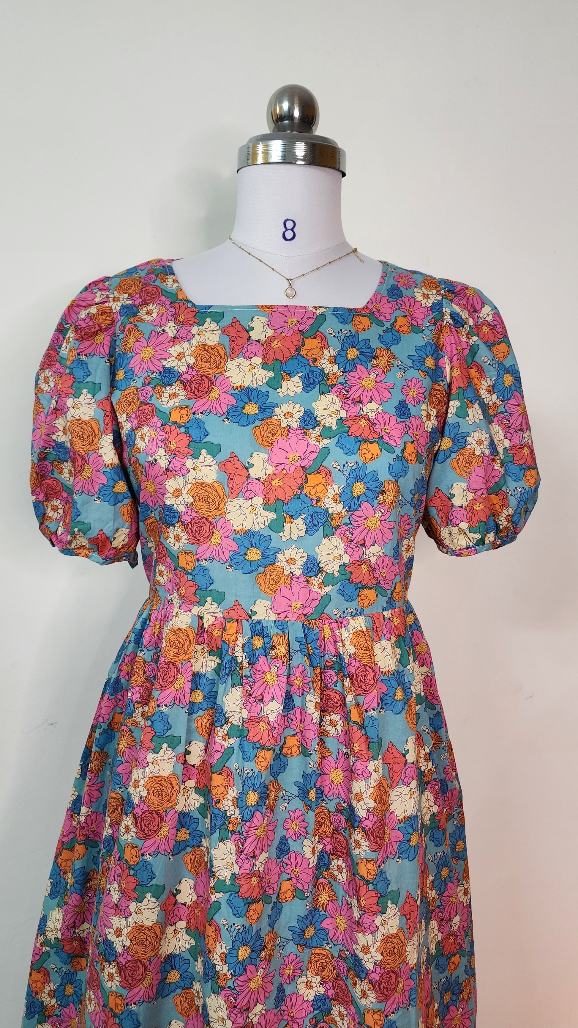 Colorful Floral Midi Dress - Puff Sleeve Square Neck Dress