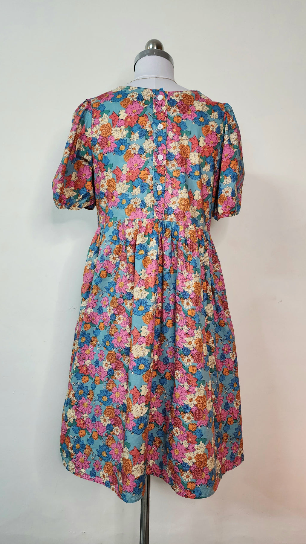 Colorful Floral Midi Dress - Puff Sleeve Square Neck Dress