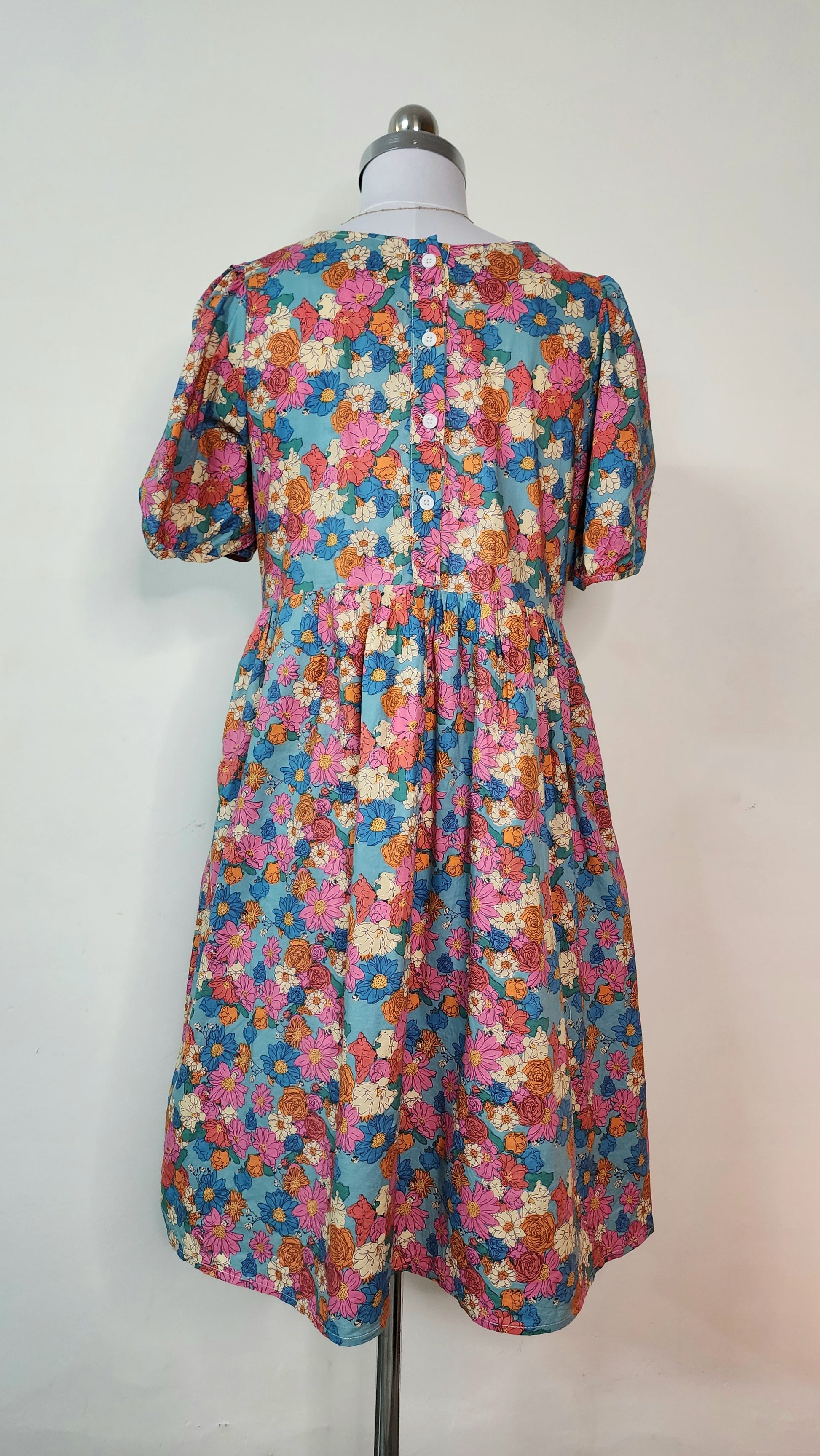 Colorful Floral Midi Dress - Puff Sleeve Square Neck Dress