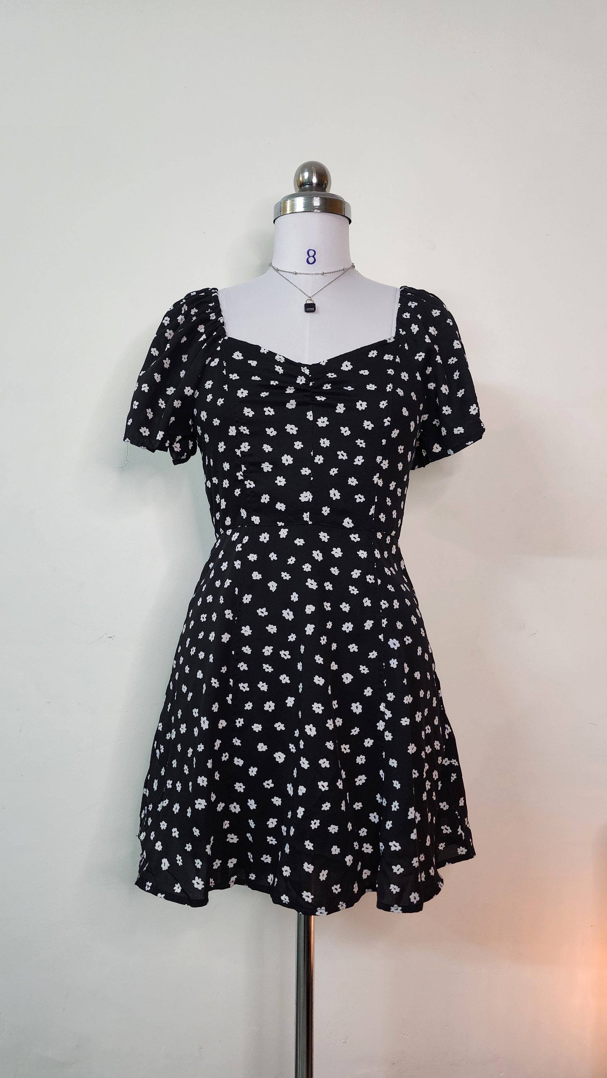 Cute Black Floral Mini Dress - Short Sleeve Square Neck
