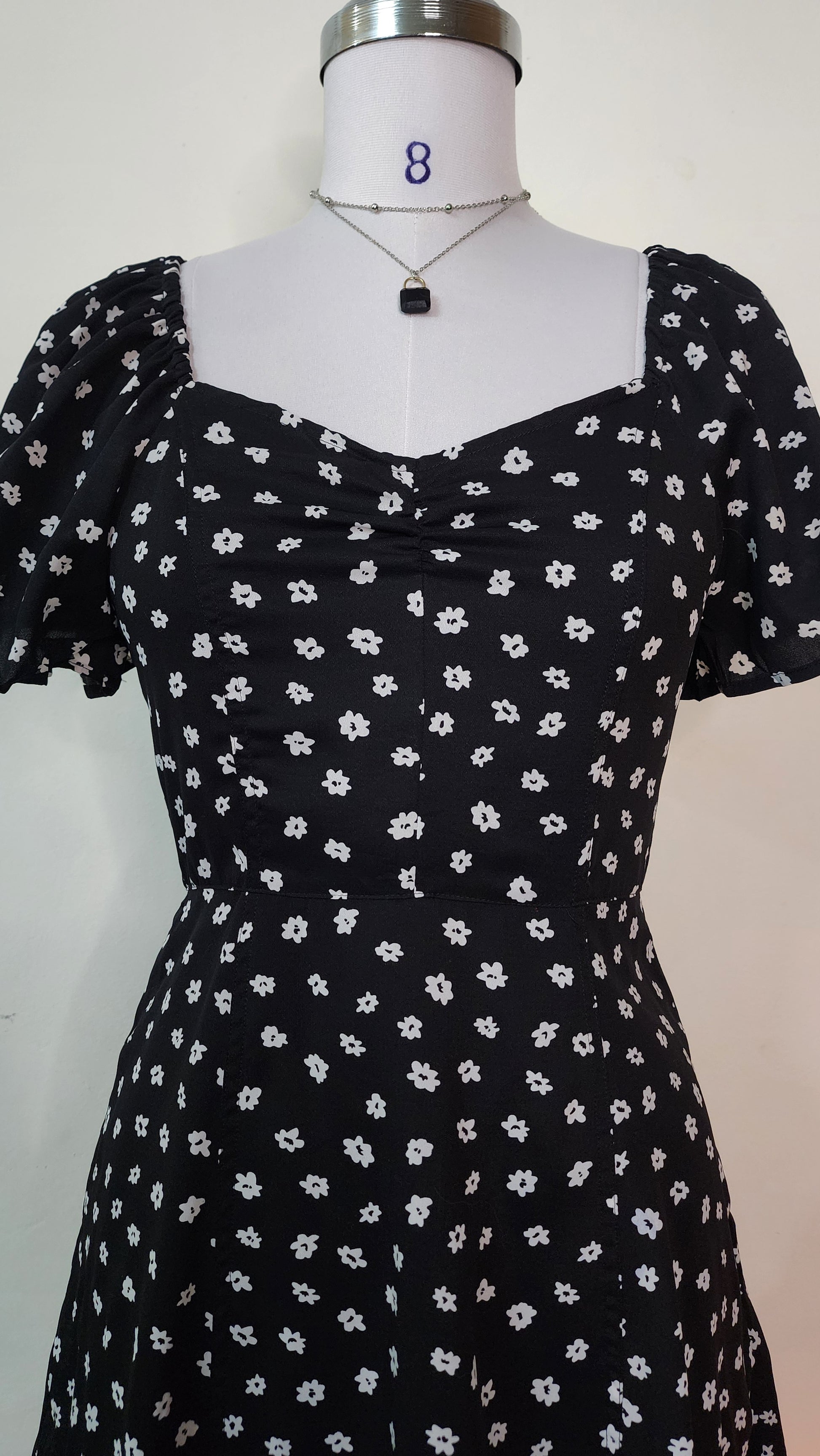 Cute Black Floral Mini Dress - Short Sleeve Square Neck