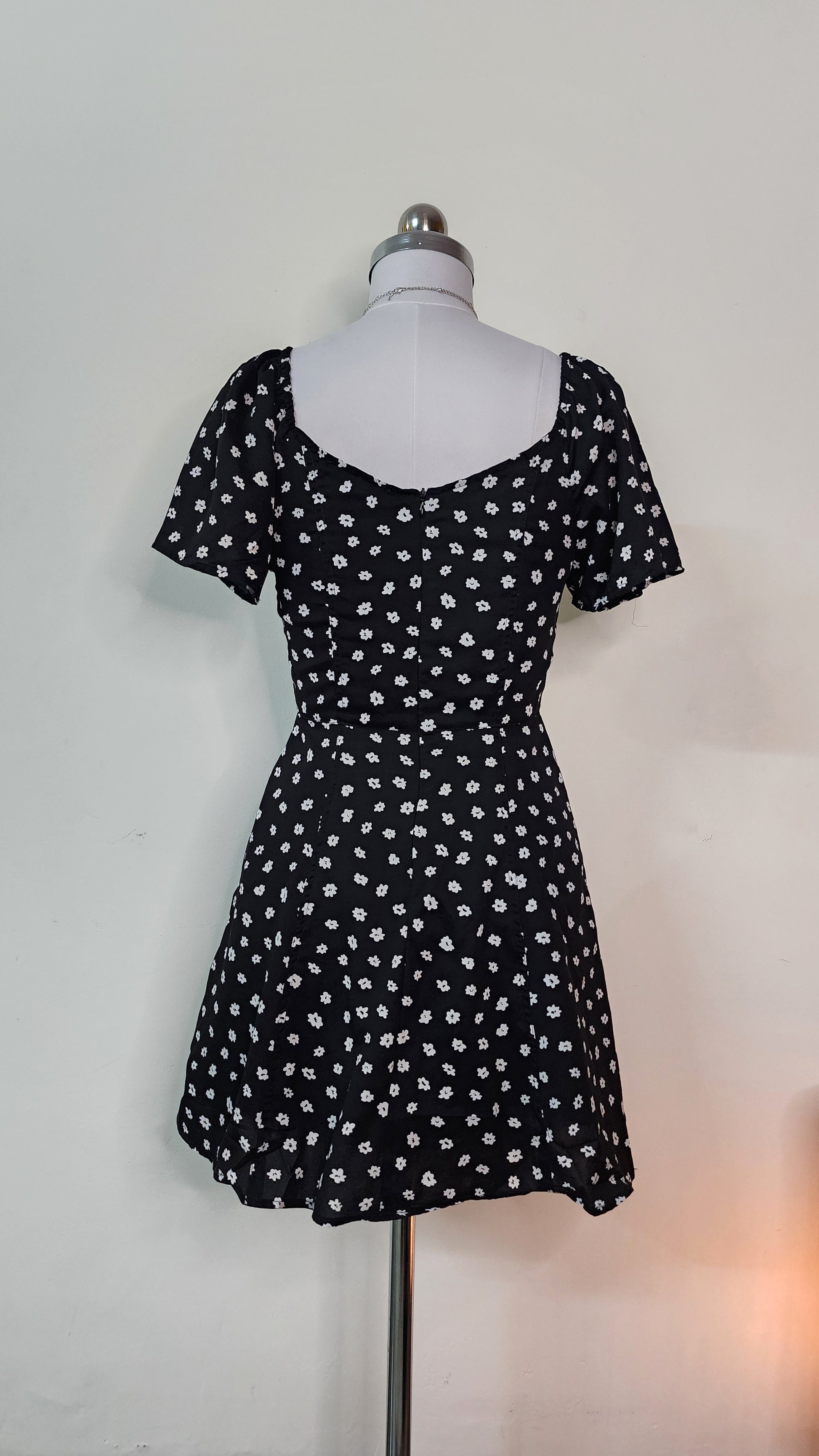 Cute Black Floral Mini Dress - Short Sleeve Square Neck