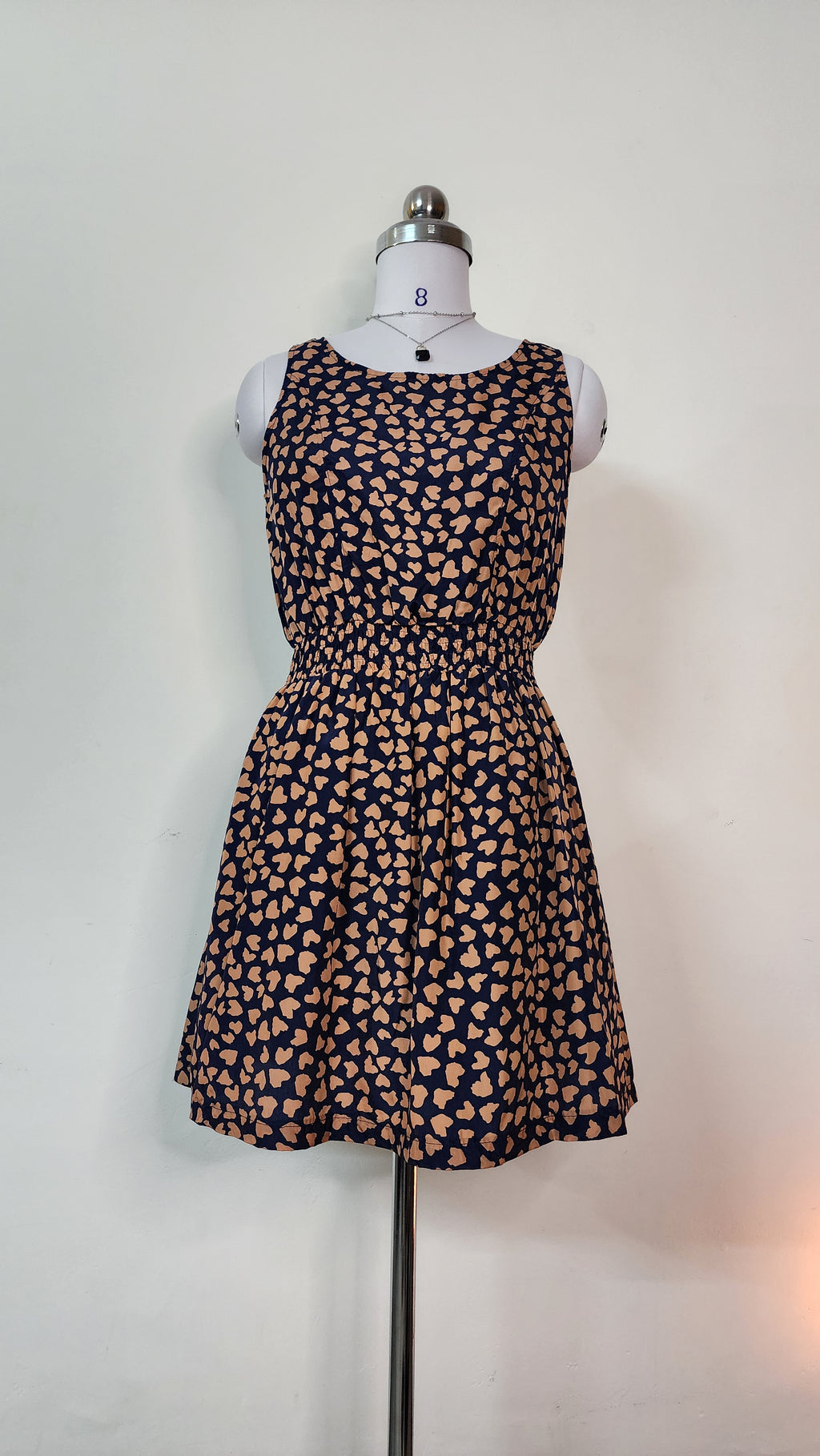 Cute Heart Print Sleeveless Mini Dress - Navy & Beige