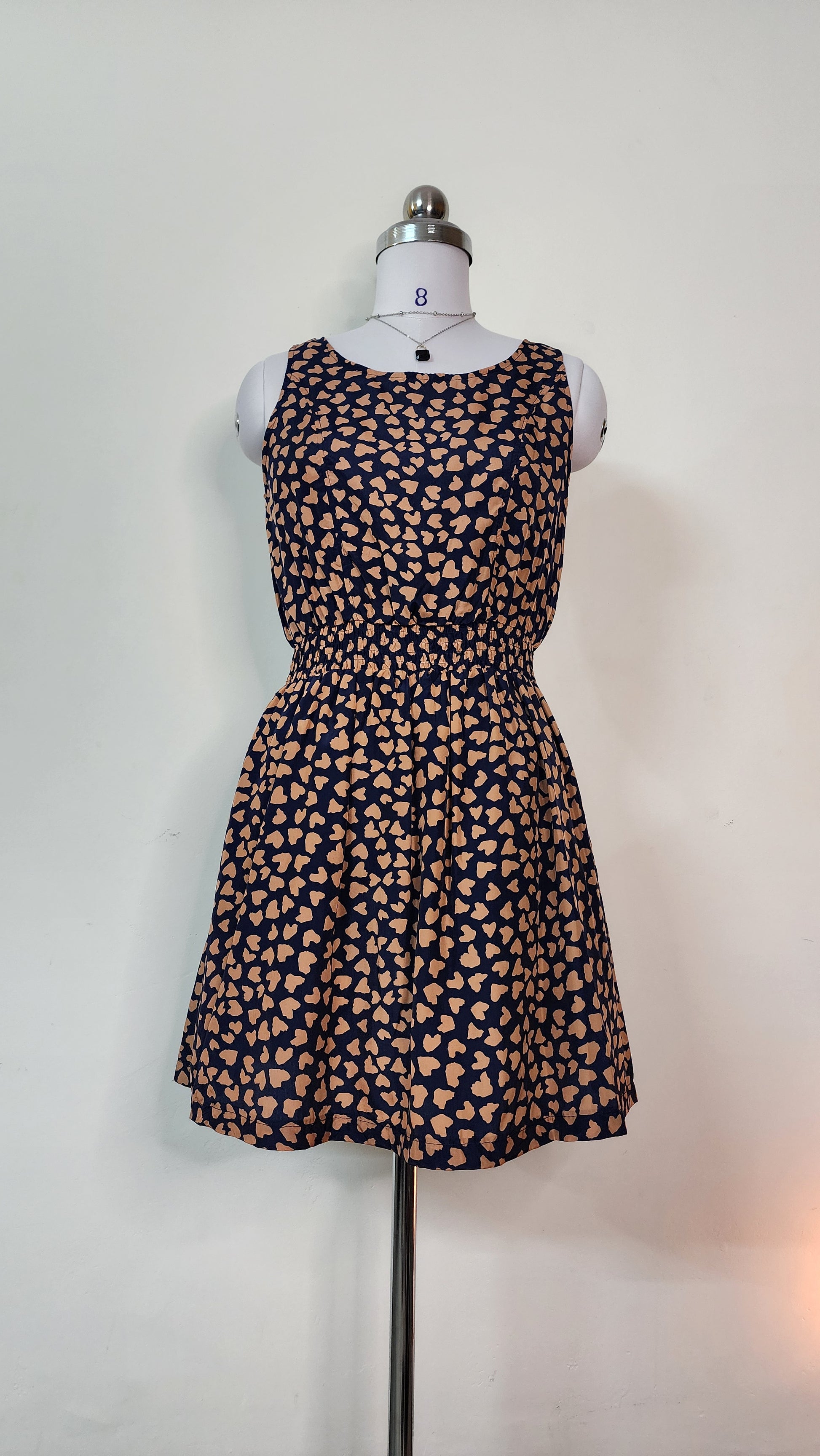 Cute Heart Print Sleeveless Mini Dress - Navy & Beige