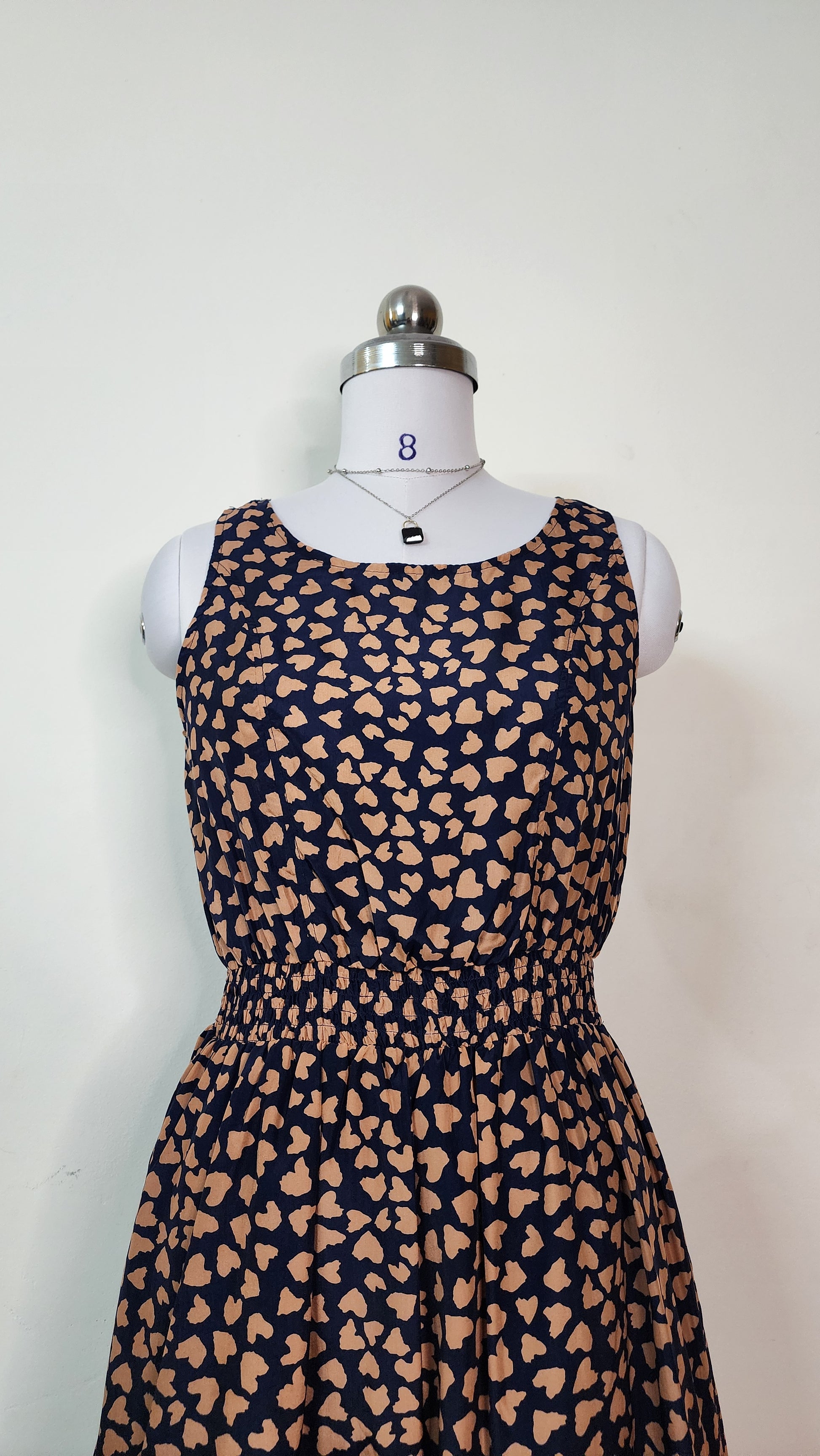 Cute Heart Print Sleeveless Mini Dress - Navy & Beige