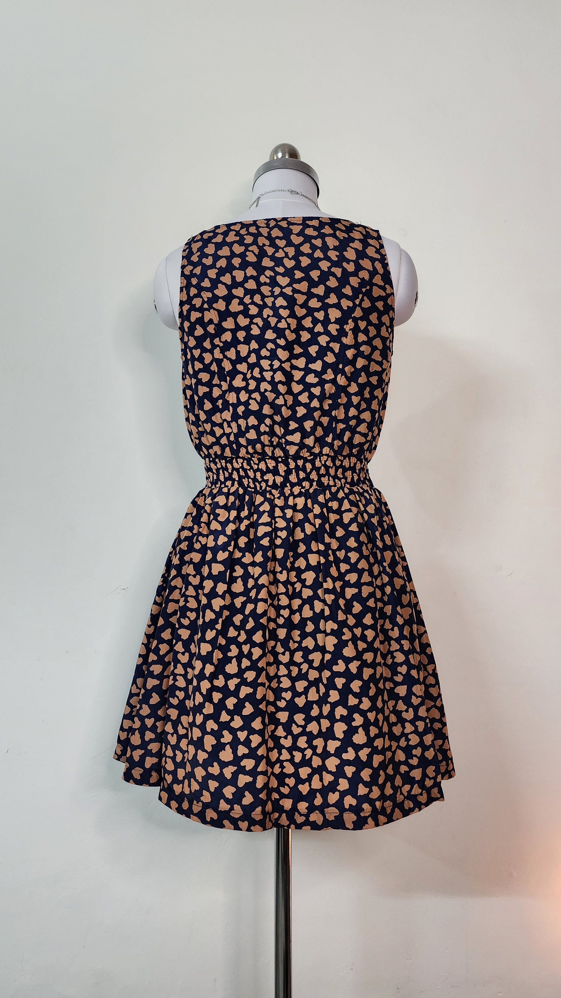 Cute Heart Print Sleeveless Mini Dress - Navy & Beige