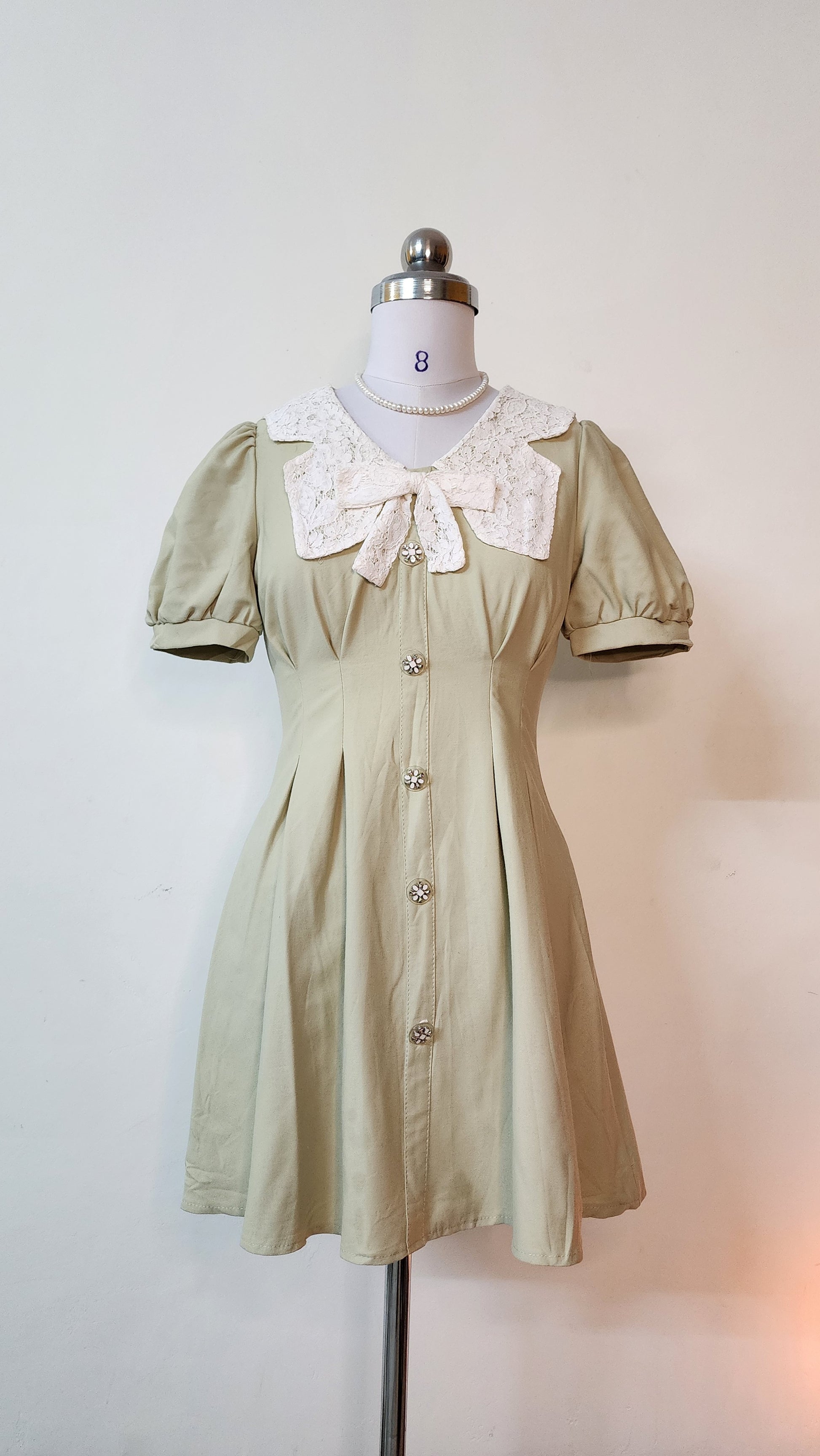 Cute Sage Green Mini Dress - Peter Pan Collar & Bow