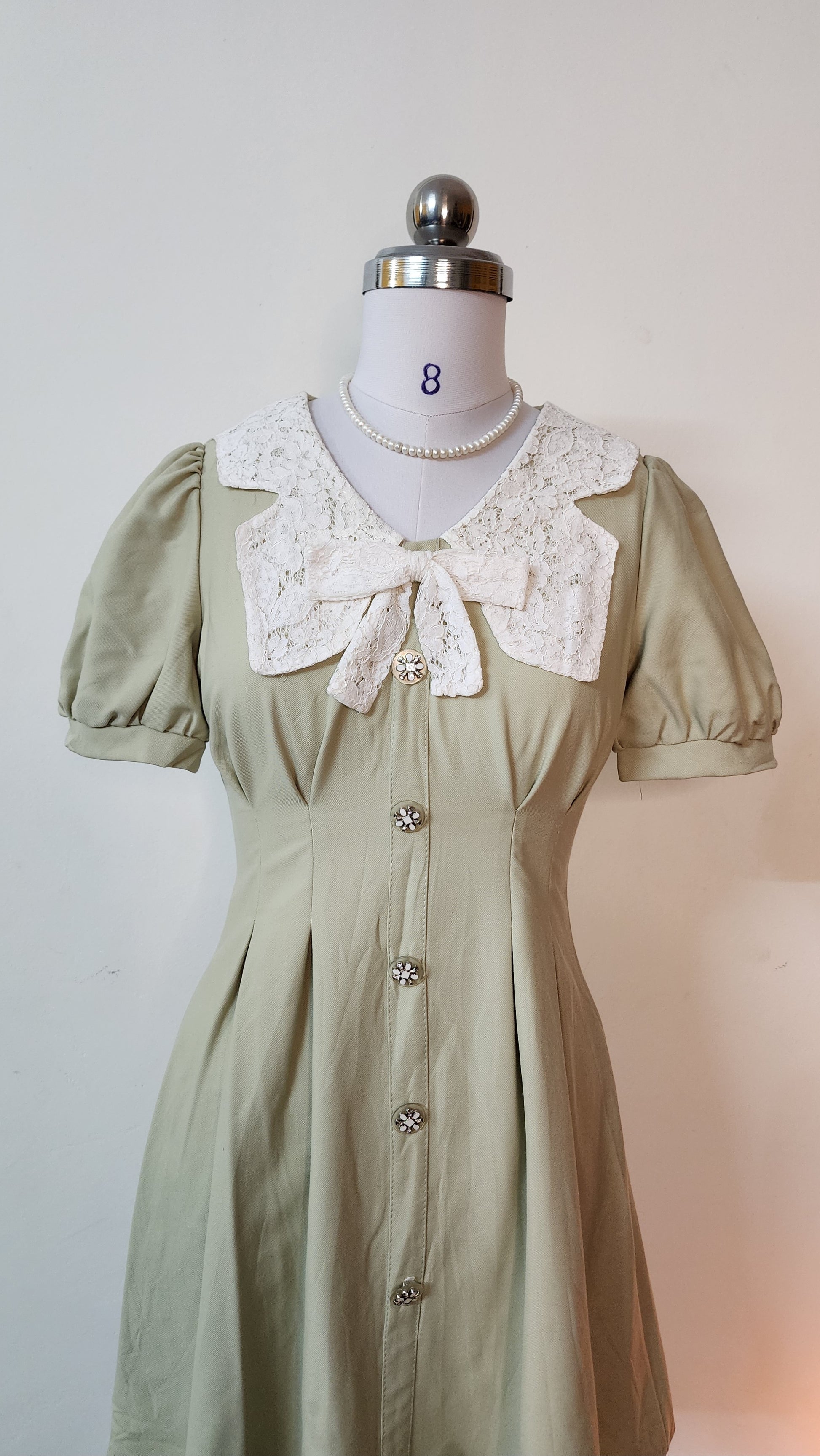 Cute Sage Green Mini Dress - Peter Pan Collar & Bow