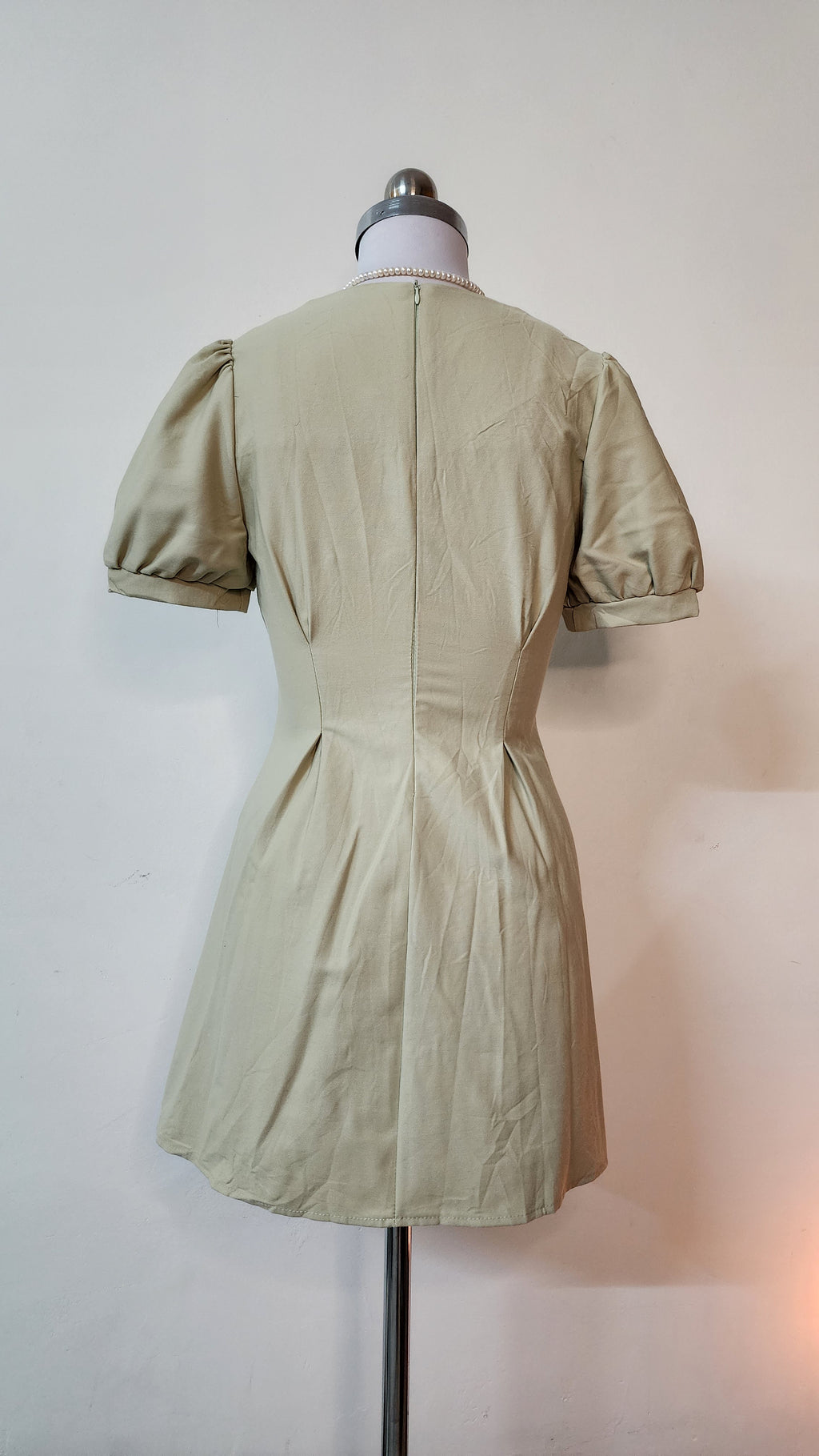 Cute Sage Green Mini Dress - Peter Pan Collar & Bow