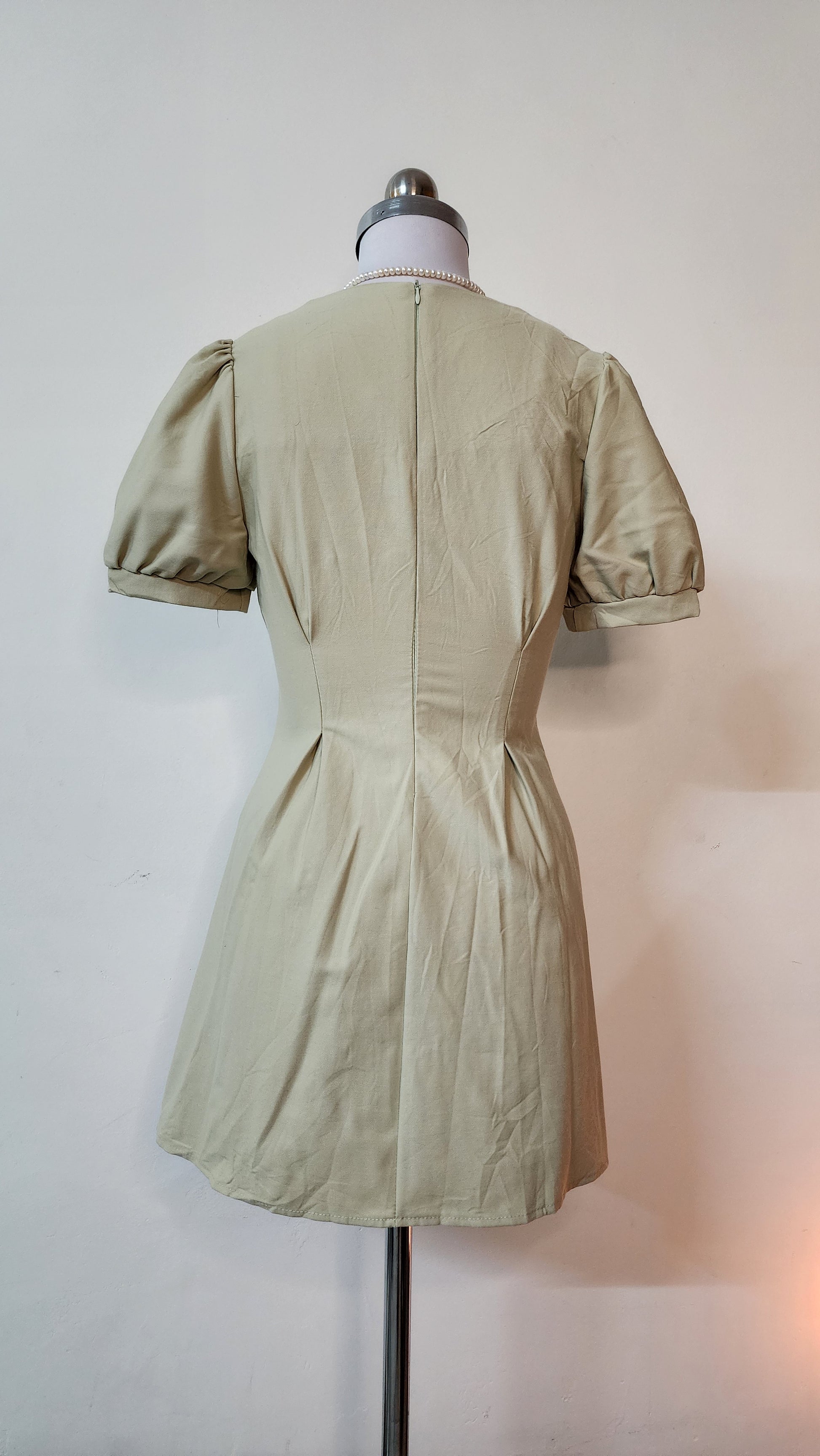 Cute Sage Green Mini Dress - Peter Pan Collar & Bow