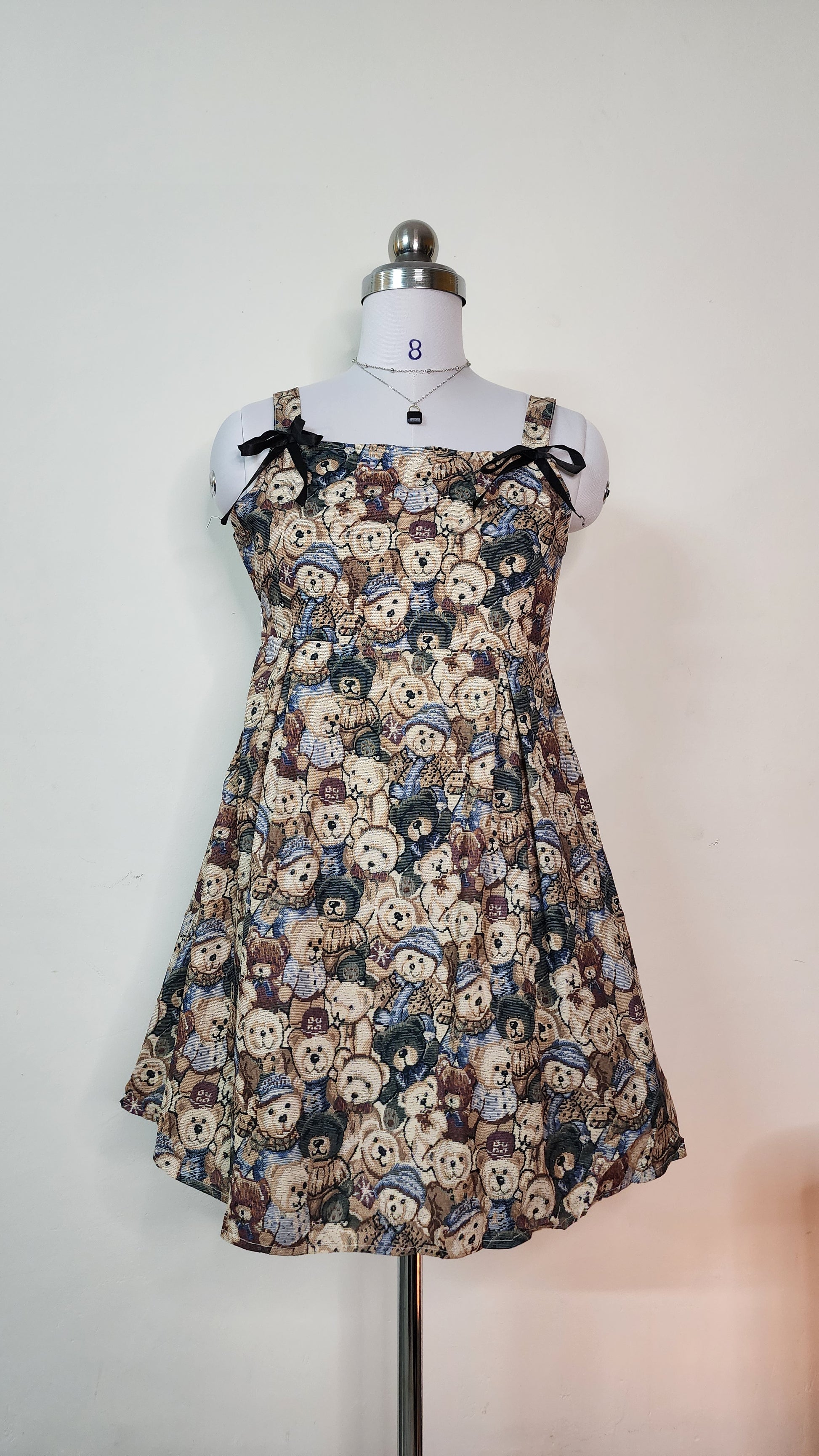 Cute Teddy Bear Print Mini Dress - Sleeveless A-Line Dress with Bow Straps