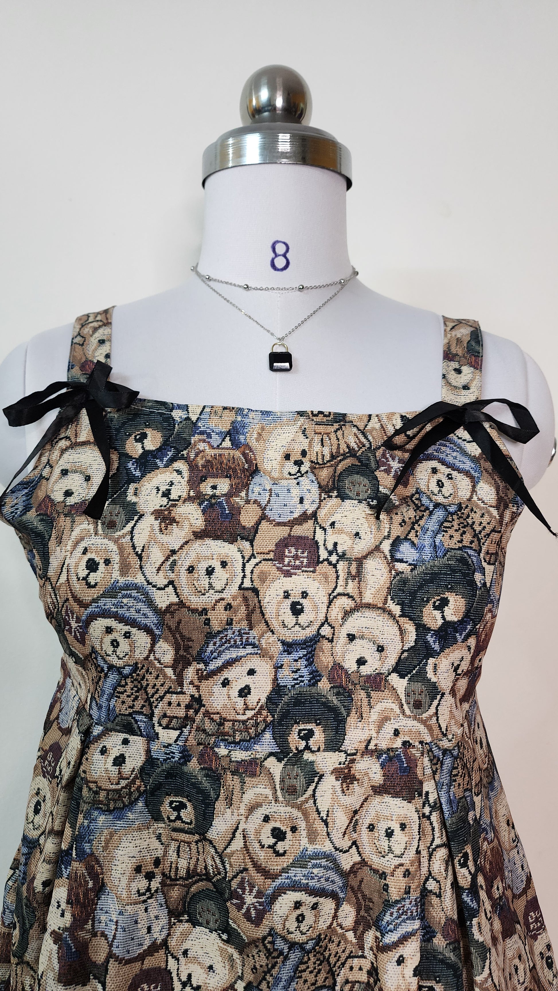 Cute Teddy Bear Print Mini Dress - Sleeveless A-Line Dress with Bow Straps