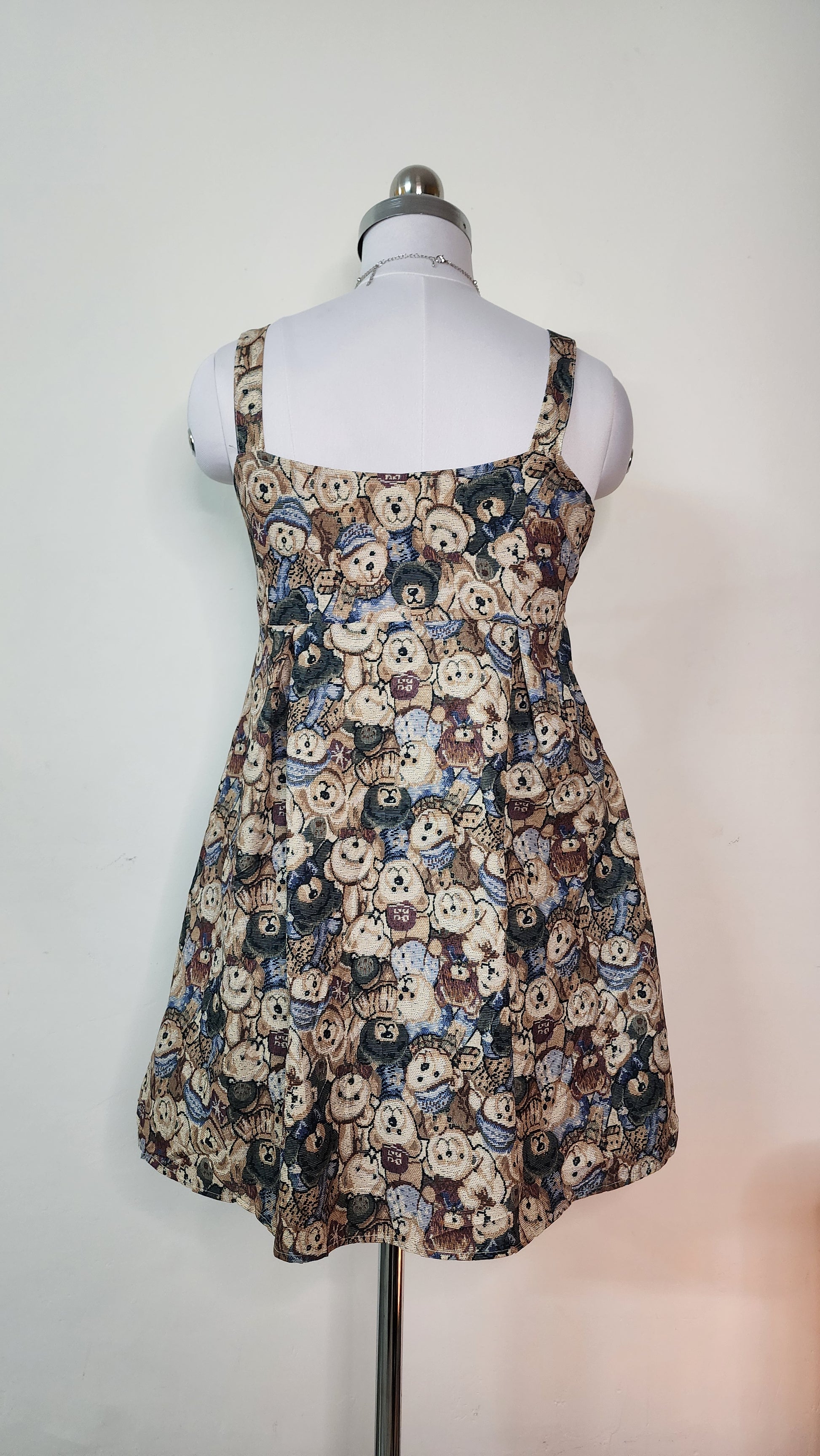 Cute Teddy Bear Print Mini Dress - Sleeveless A-Line Dress with Bow Straps