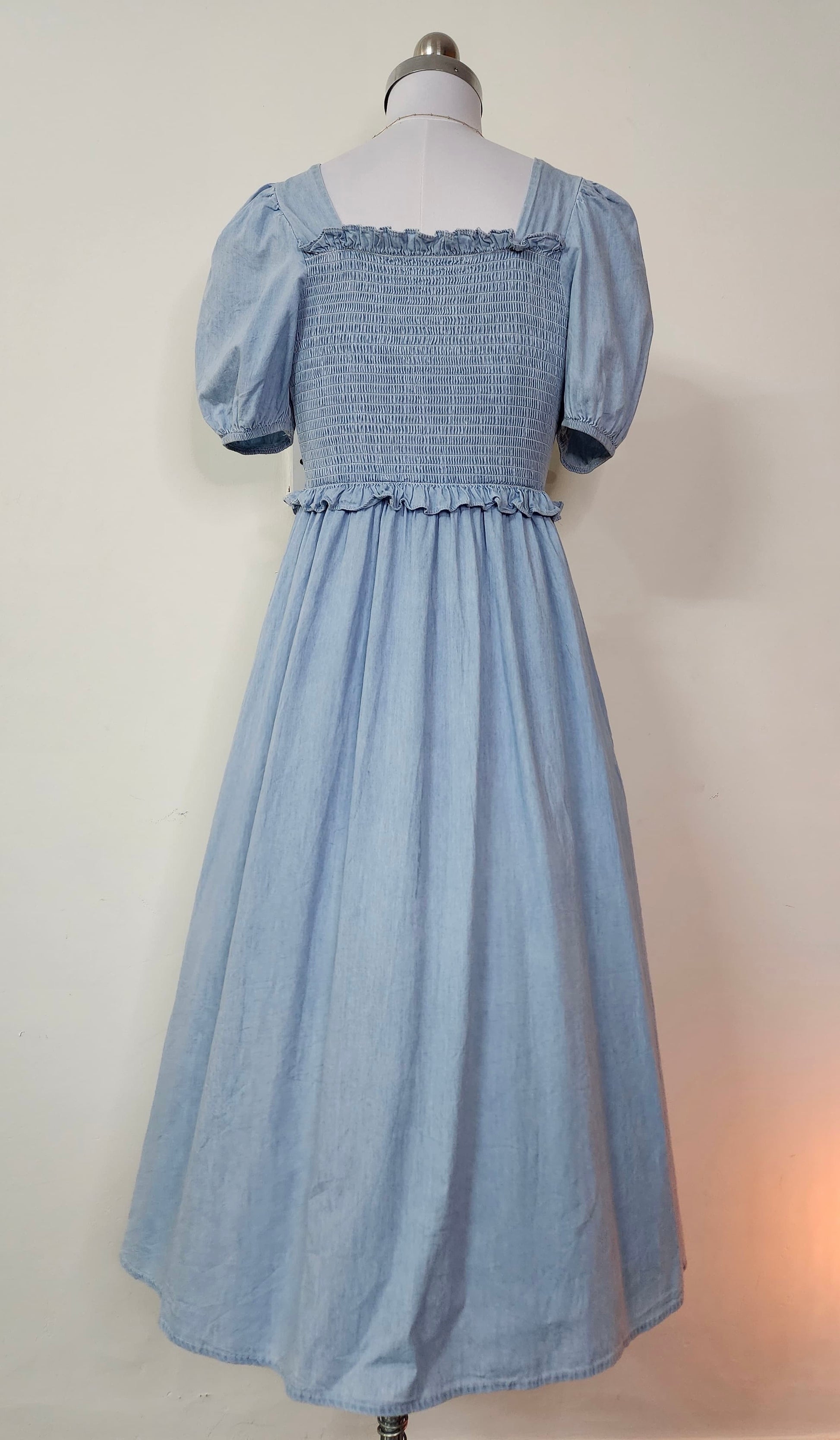 Light Blue Denim Smocked Maxi Dress