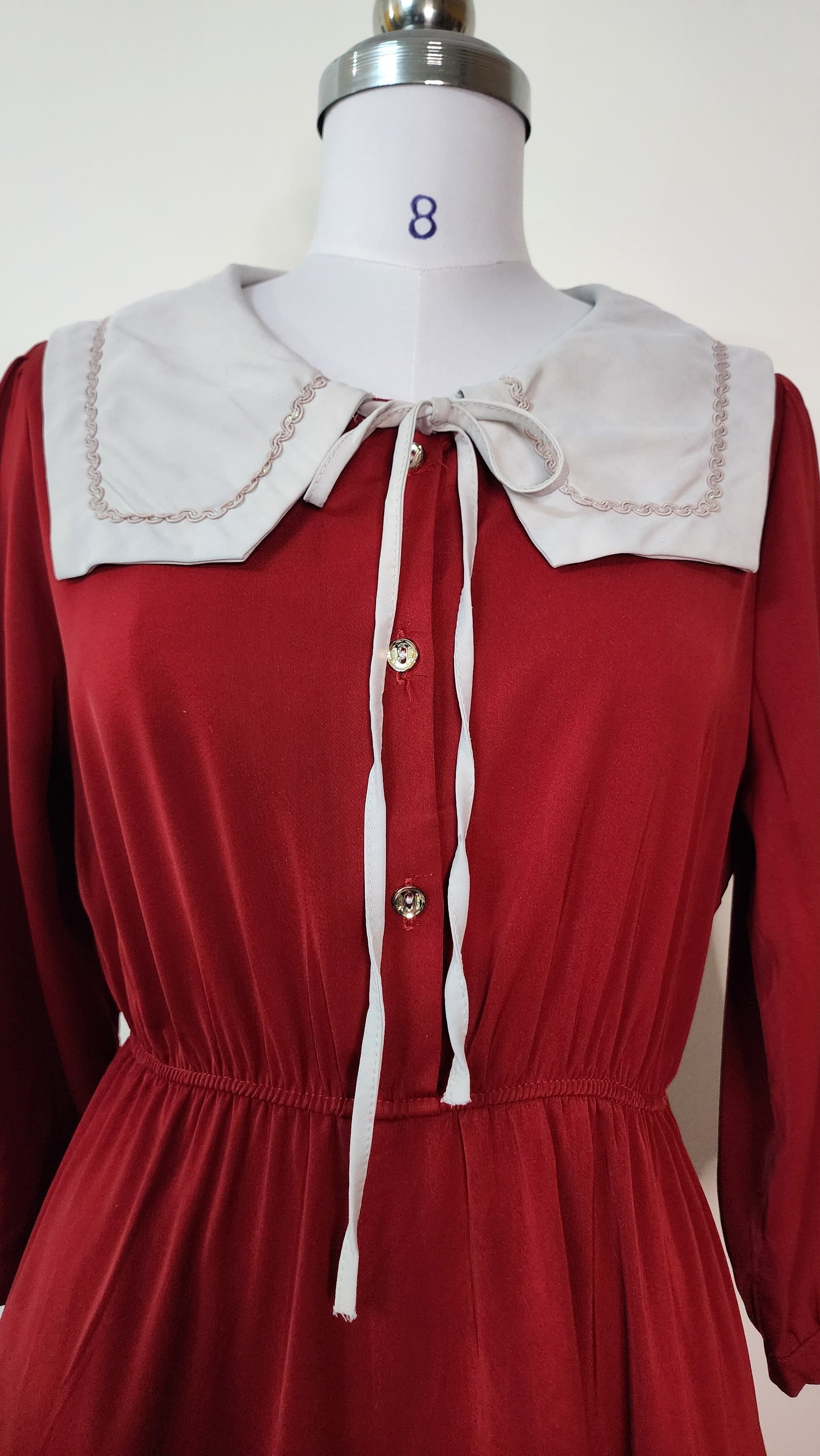 Red Tiered Prairie Dress with White Contrast Collar and Bow Tie