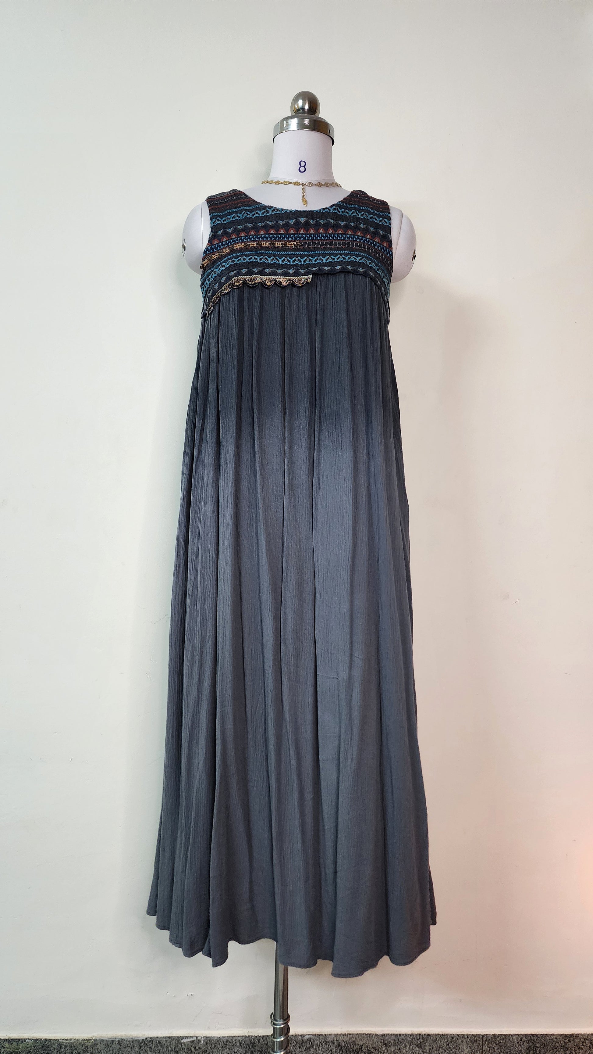 Dark Grey Bohemian Embroidered Sleeveless Dress