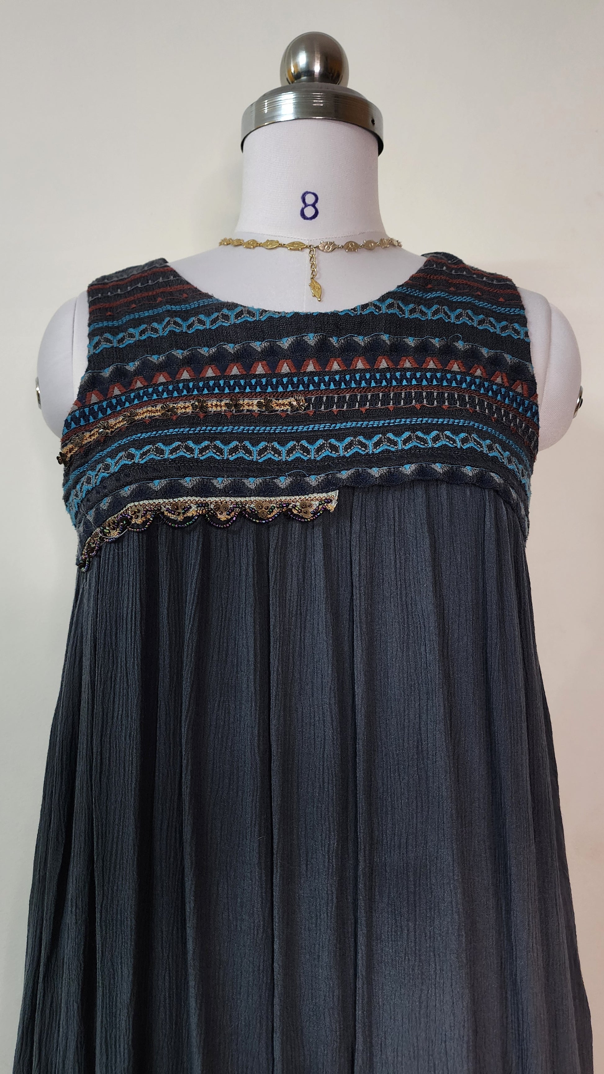Dark Grey Bohemian Embroidered Sleeveless Dress