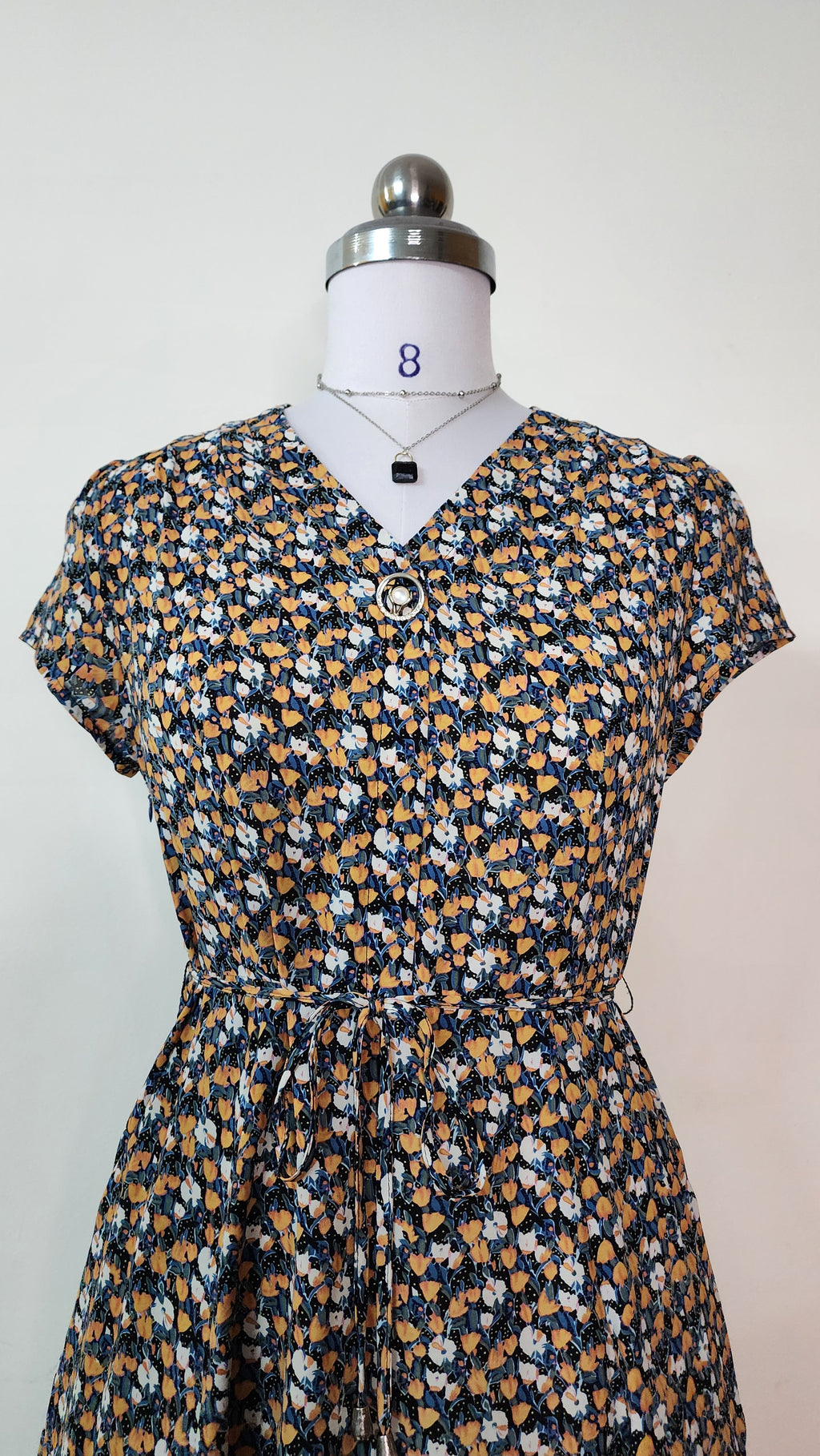 Ditsy Floral V-Neck Midi Dress - Short Sleeve with Pockets,Tie Waist