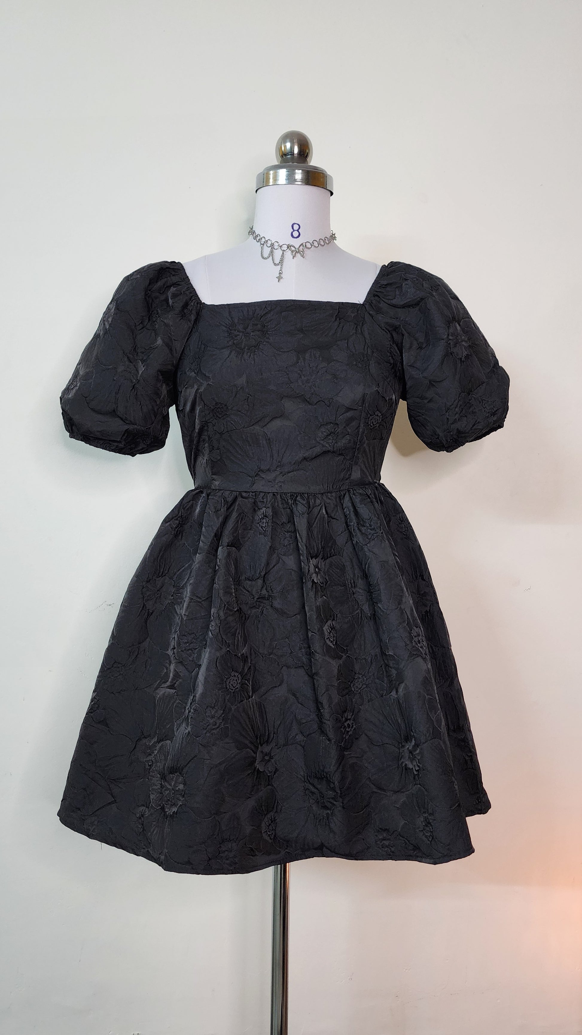 Elegant Black Floral Mini Dress - Square Neck Puff Sleeve Tie Back