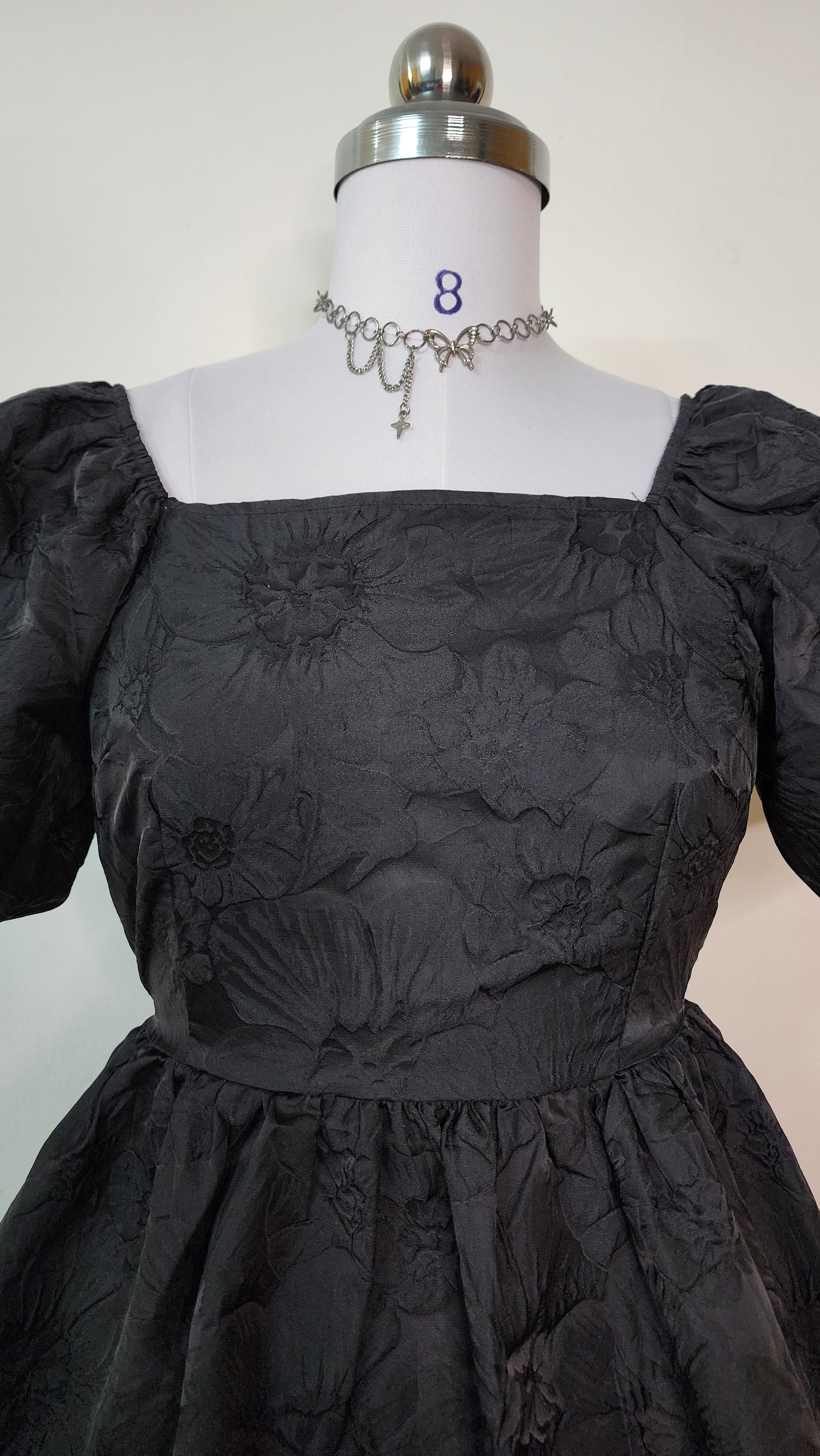 Elegant Black Floral Mini Dress - Square Neck Puff Sleeve Tie Back