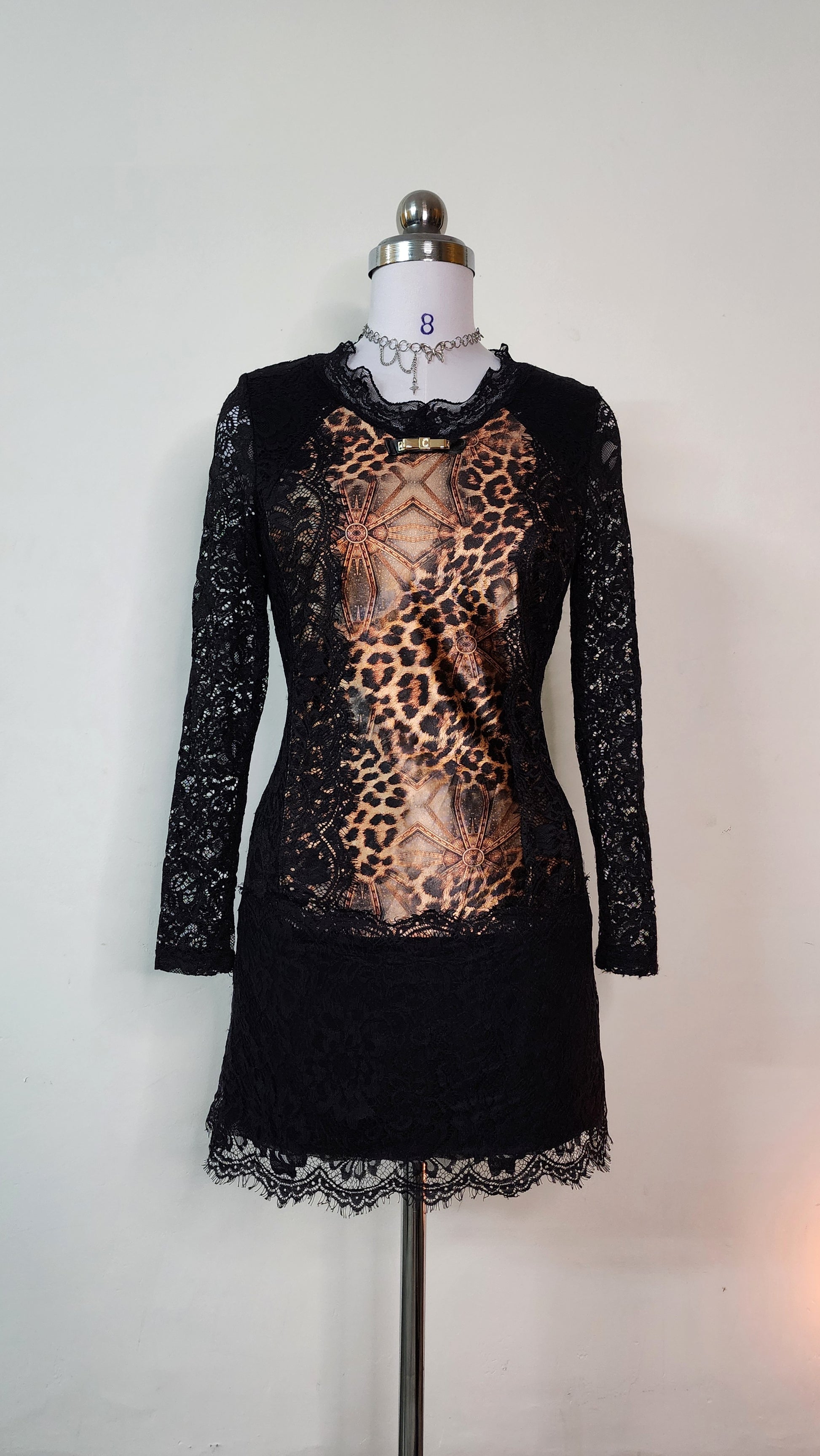 Elegant Black Lace Long Sleeve Mini Dress with Leopard Print