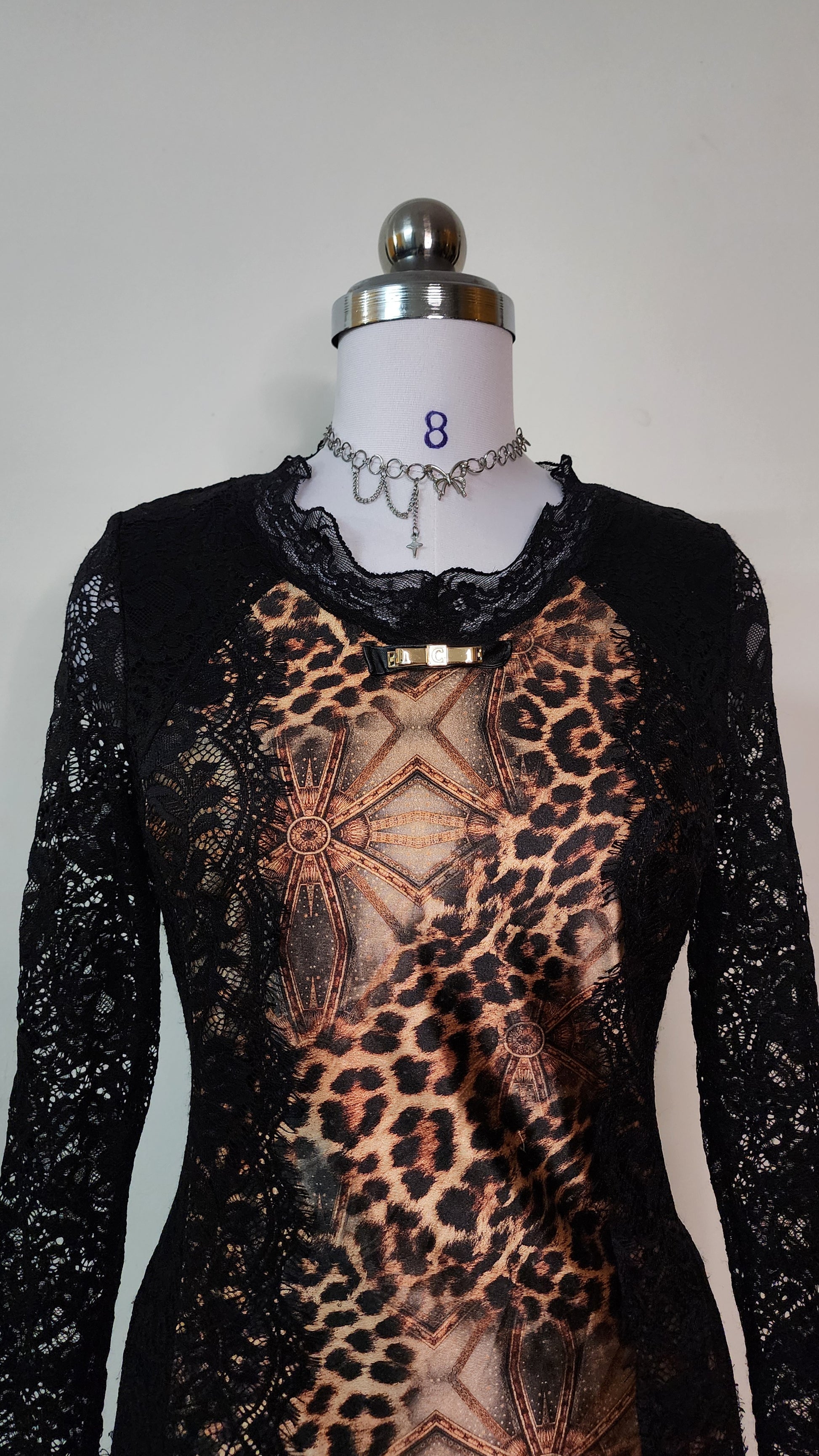 Elegant Black Lace Long Sleeve Mini Dress with Leopard Print