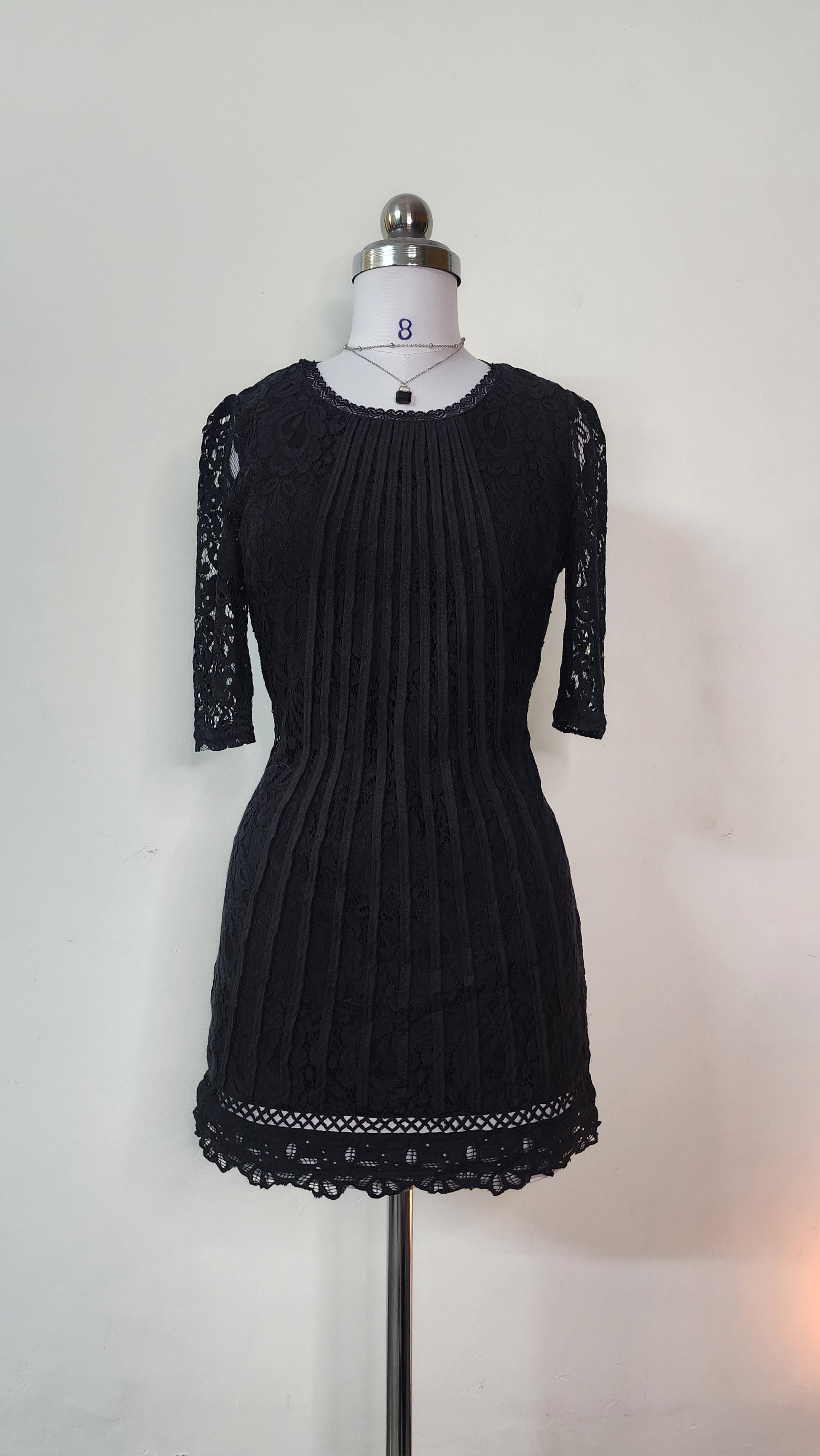 Elegant Black Lace Mini Dress - Pleated Bodice & Scalloped Hem