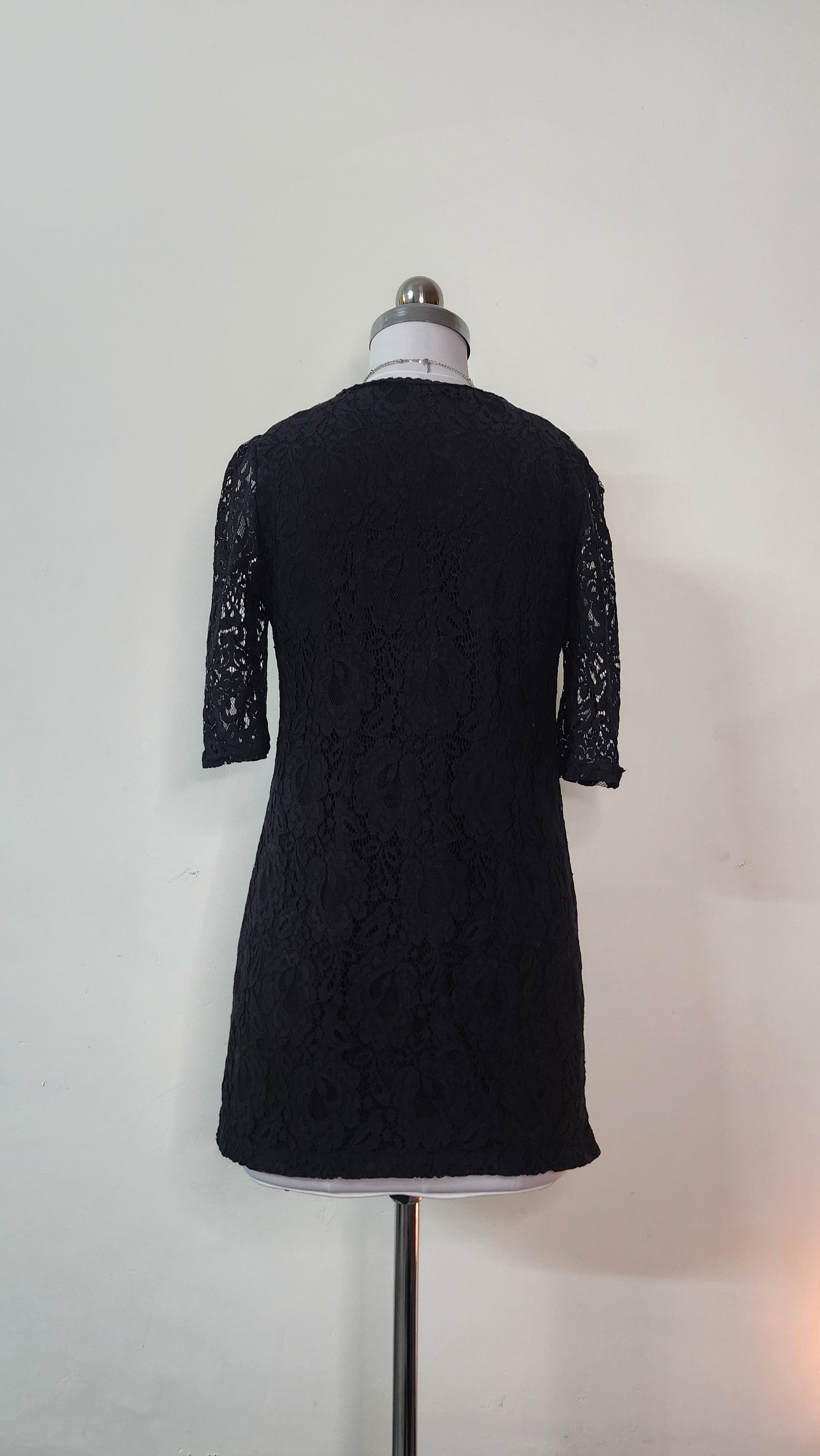 Elegant Black Lace Mini Dress - Pleated Bodice & Scalloped Hem