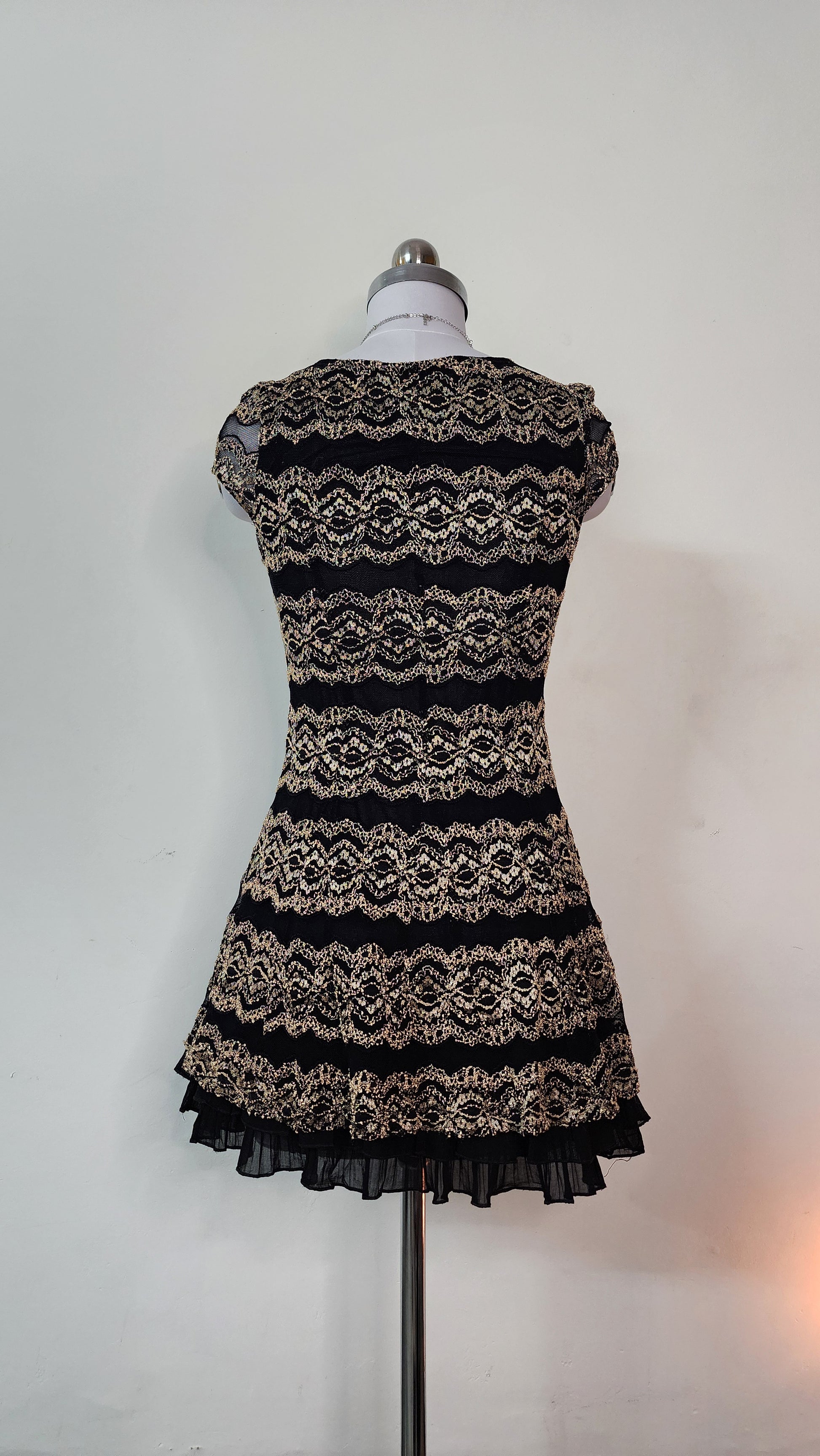 Elegant Black and Gold Lace Mini Dress - Cap Sleeve Party Dress