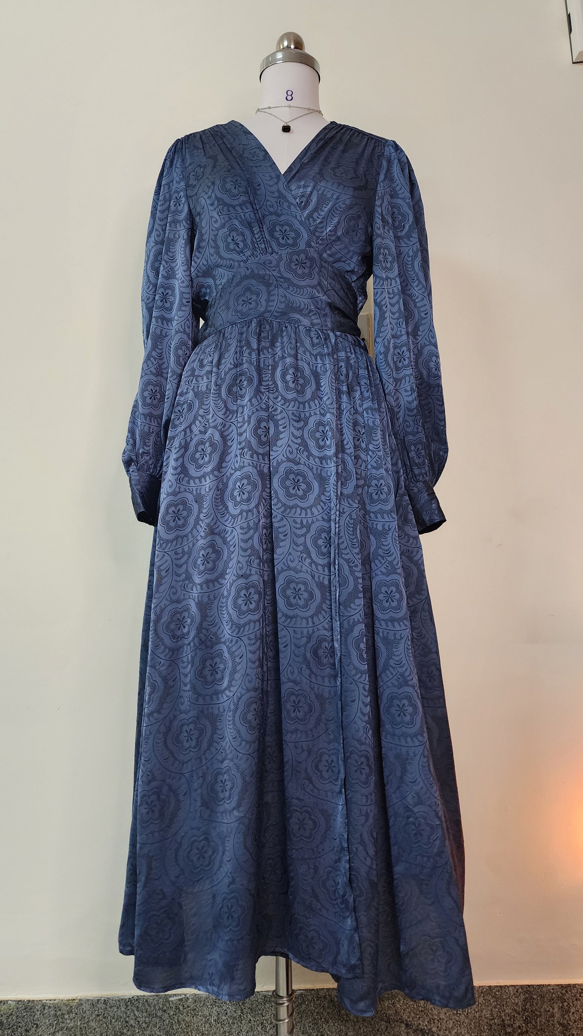 Elegant Blue Patterned wrap around Midi Dress - V-Neck Long Sleeve