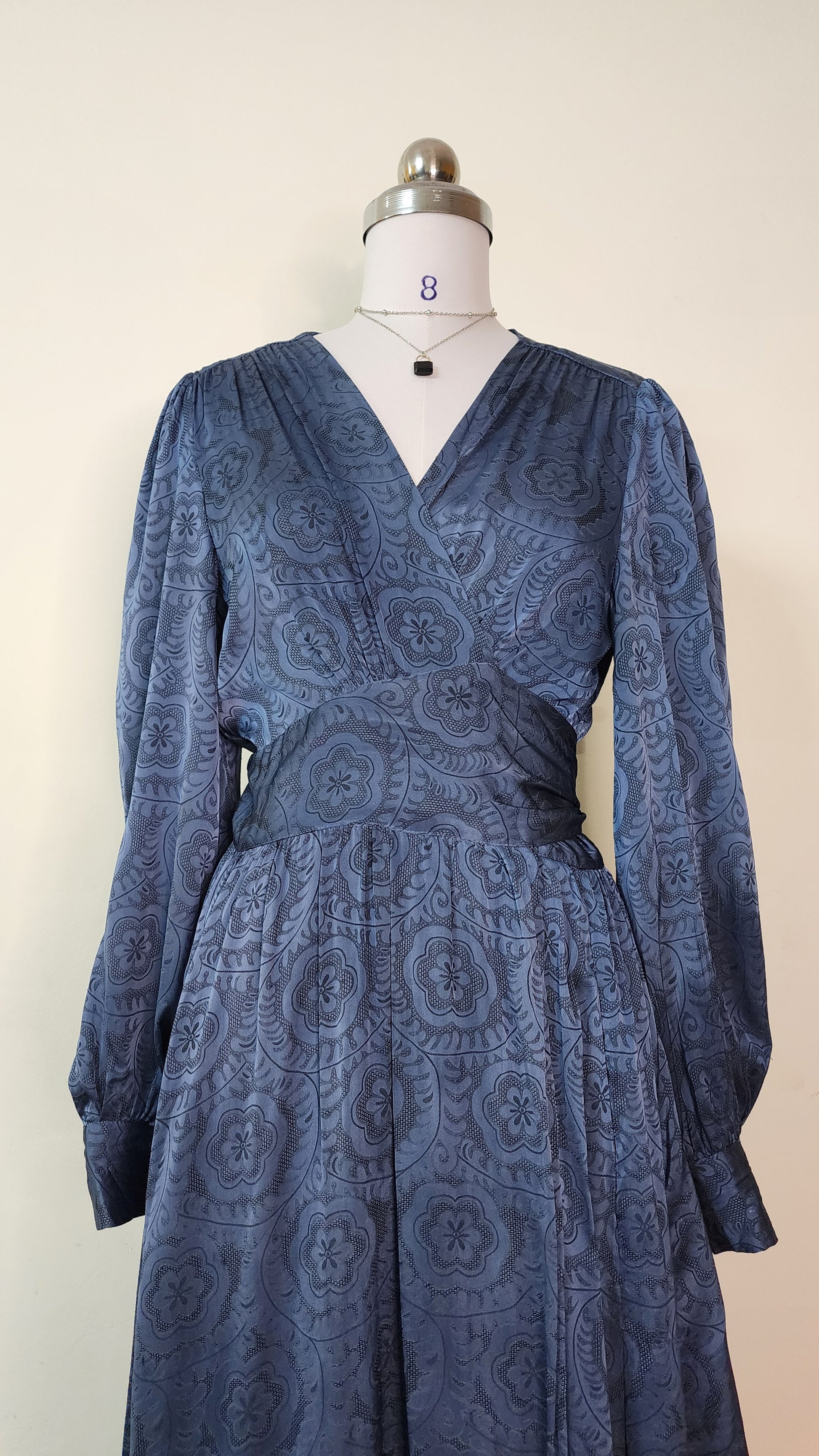 Elegant Blue Patterned wrap around Midi Dress - V-Neck Long Sleeve