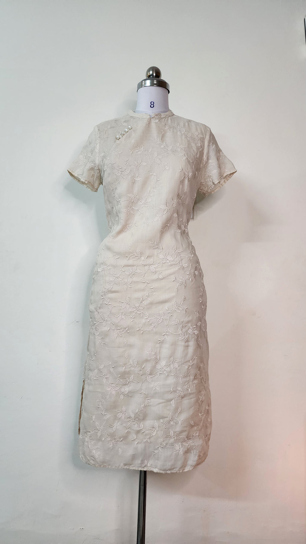 Elegant Cream Embroidered Cheongsam Dress - Short Sleeve Midi Qipao